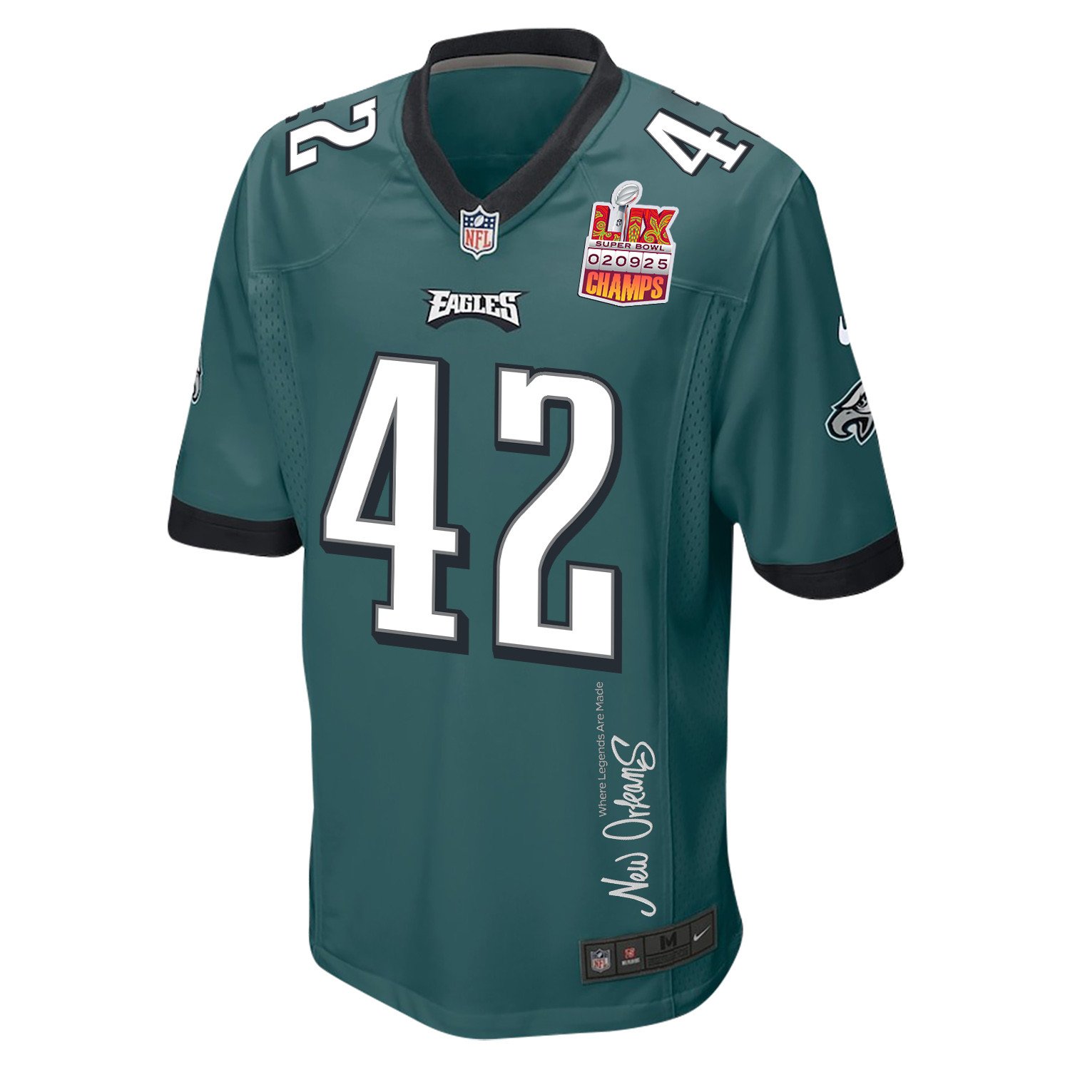 Oren Burks 42 Philadelphia Eagles Super Bowl LIX Champions Patch 'New Orleans - Where Legends Are Made' EMBROIDERED Game Men Jersey - Midnight Green JS2699 Saliibo - Image 3