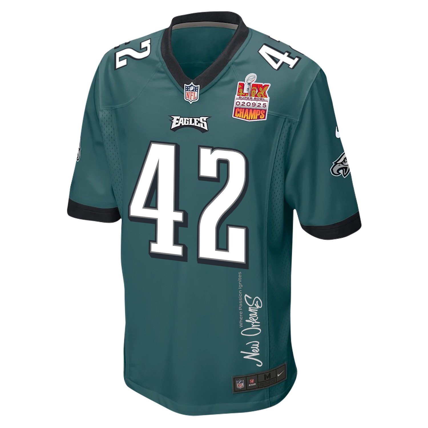 Oren Burks 42 Philadelphia Eagles Super Bowl LIX Champions Patch 'New Orleans - Where Passion Ignites' EMBROIDERED Game Men Jersey - Midnight Green JS6292 Saliibo - Image 3