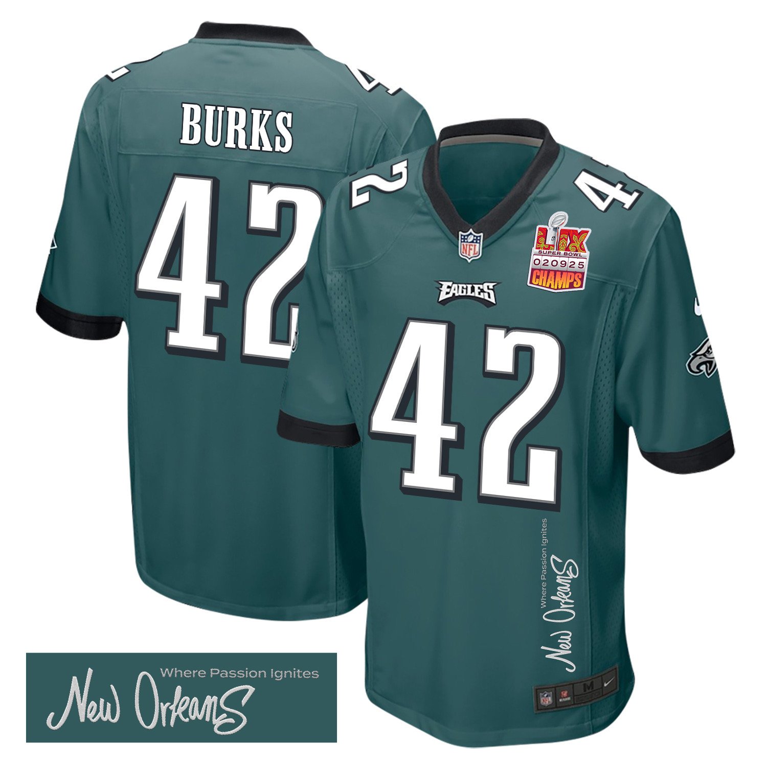 Oren Burks 42 Philadelphia Eagles Super Bowl LIX Champions Patch 'New Orleans - Where Passion Ignites' EMBROIDERED Game Men Jersey - Midnight Green JS6292 Saliibo