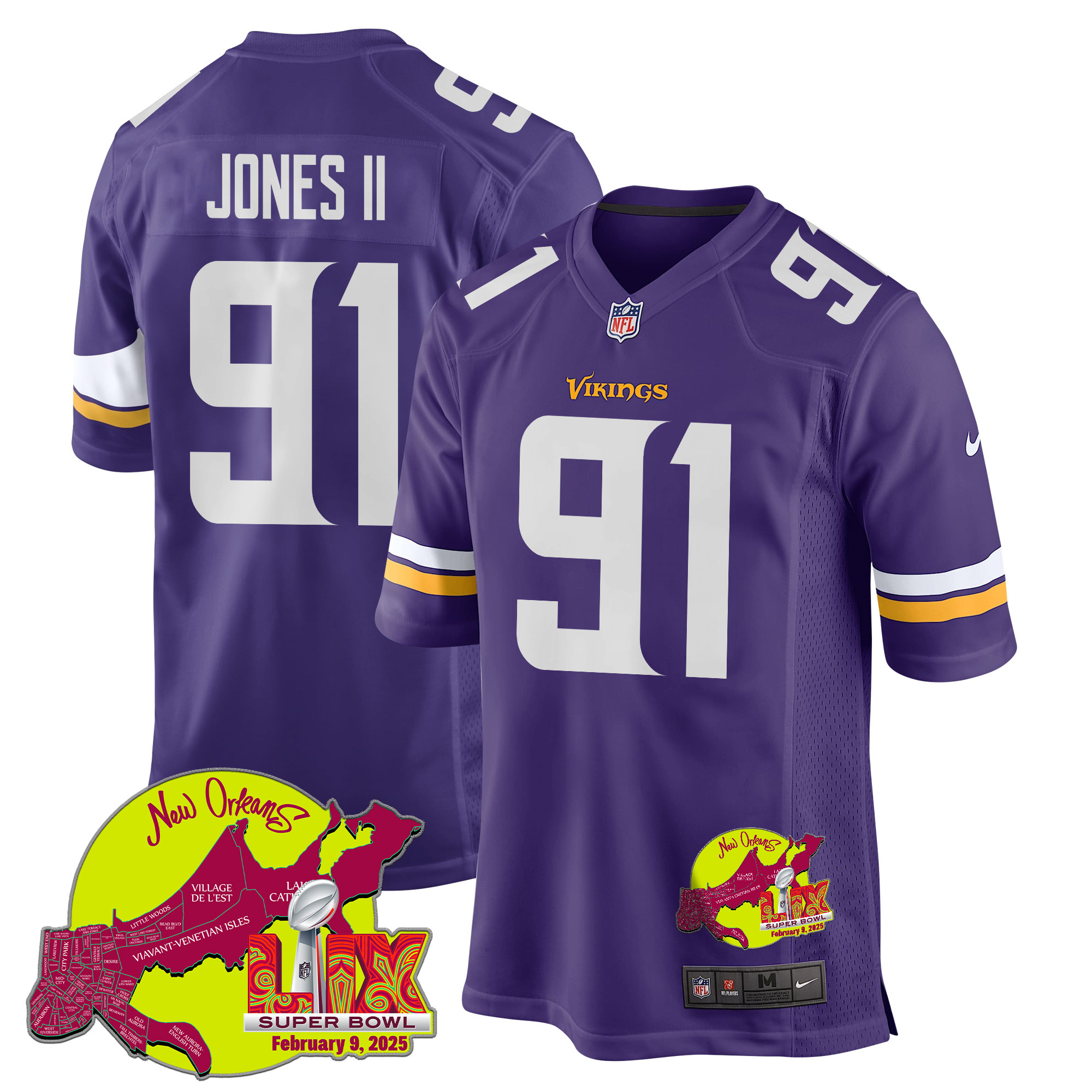 Pat Jones II 91 Minnesota Vikings Super Bowl LIX New Orleans Patch Game Men Jersey - Purple JS8809 Saliibo