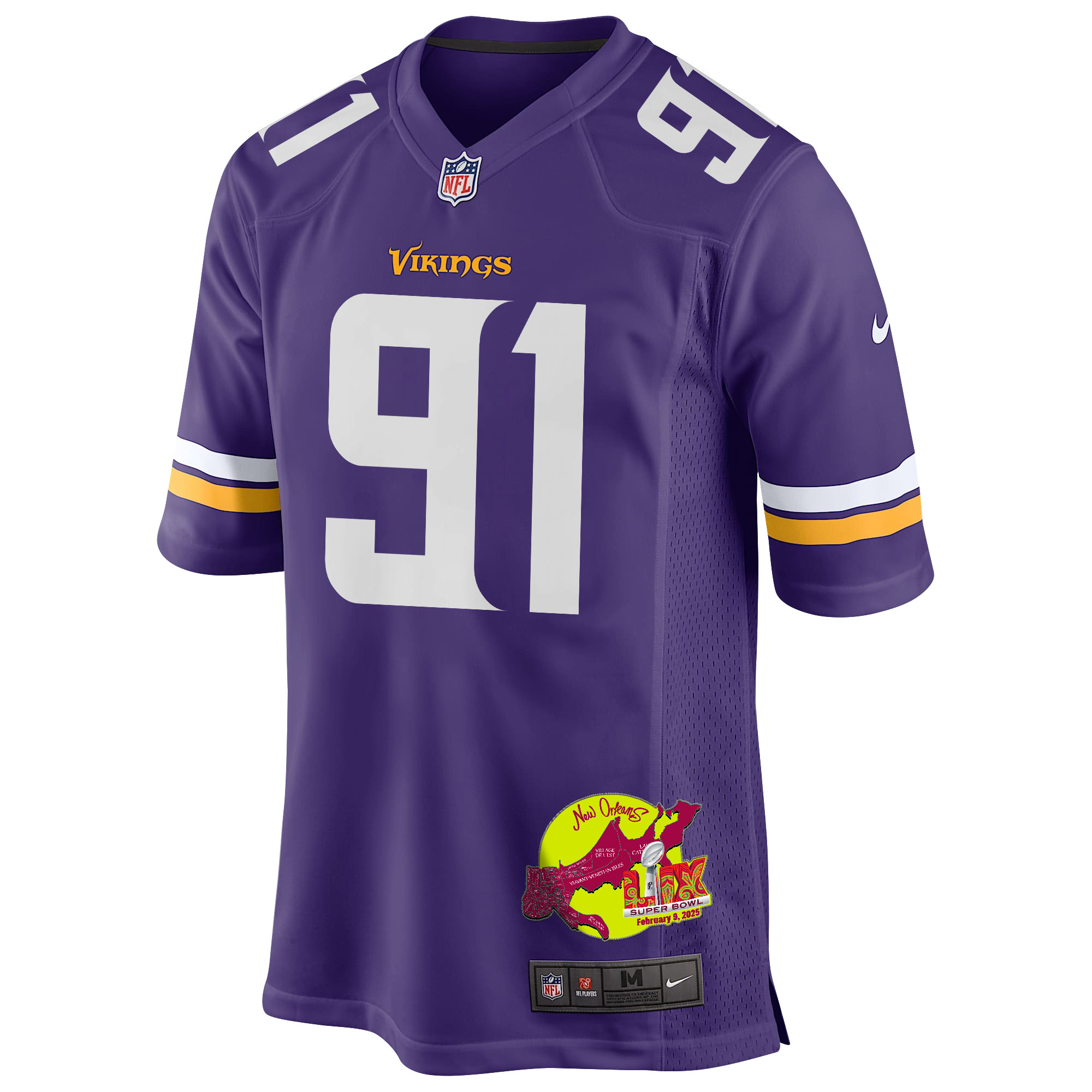 Pat Jones II 91 Minnesota Vikings Super Bowl LIX New Orleans Patch Game Men Jersey - Purple JS8809 Saliibo - Image 3
