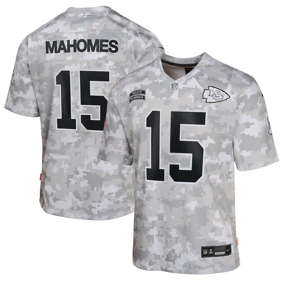 Patrick Mahomes 15 Kansas City Chiefs 2024 Salute to Service Game YOUTH Jersey - Arctic Camo JS3965 Saliibo