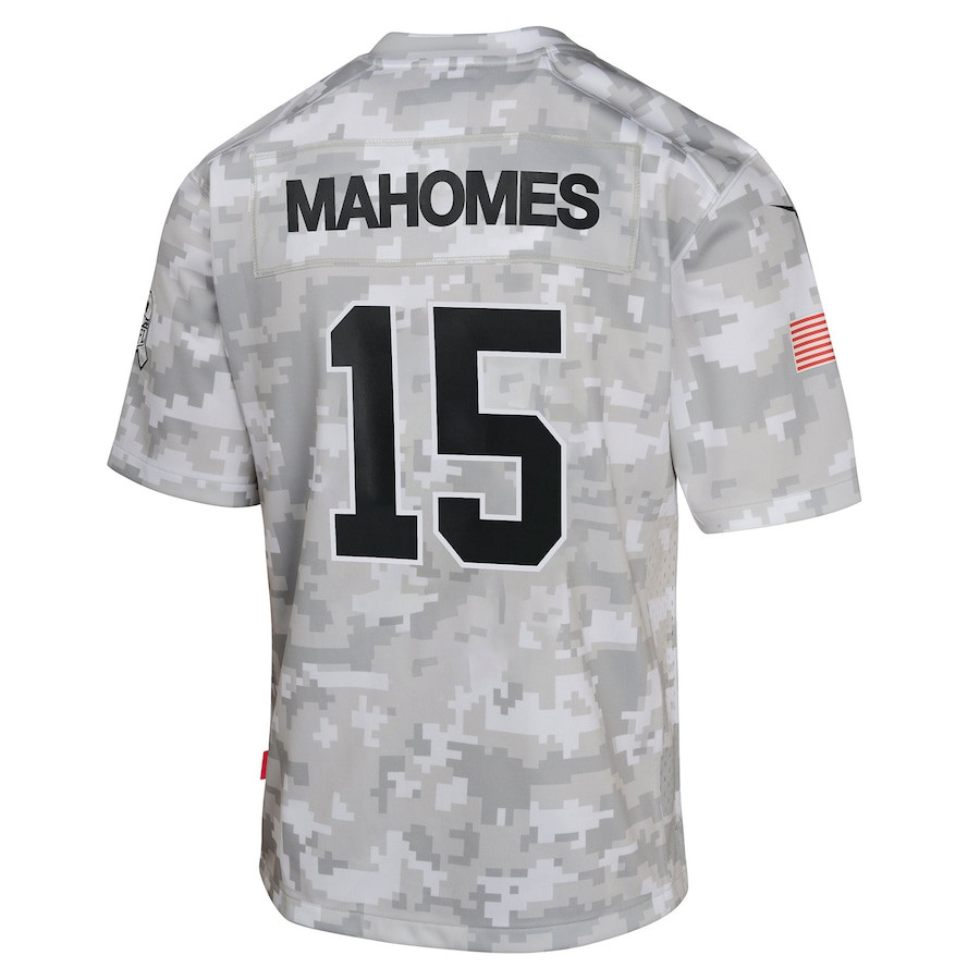 Patrick Mahomes 15 Kansas City Chiefs 2024 Salute to Service Game YOUTH Jersey - Arctic Camo JS3965 Saliibo - Image 3