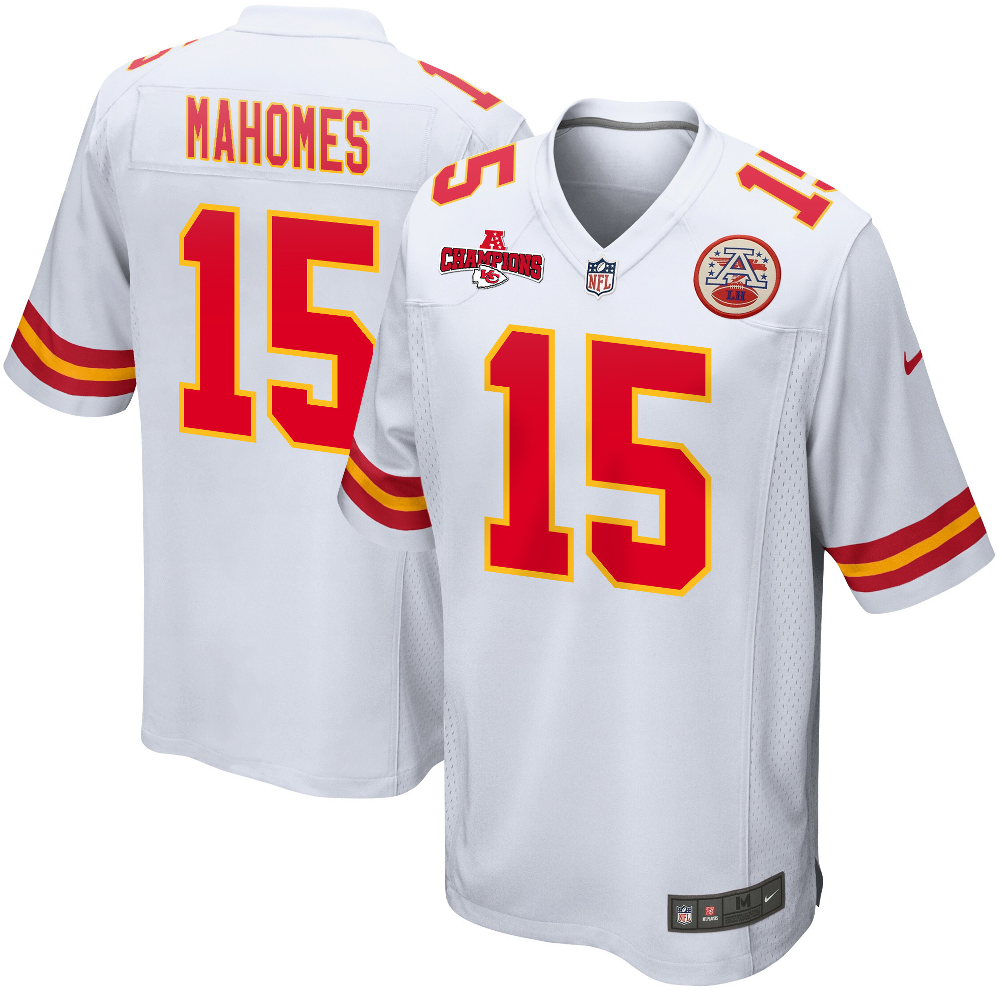 Patrick Mahomes 15 Kansas City Chiefs AFC Champions Patch Game Men Jersey - White JS6413 Saliibo