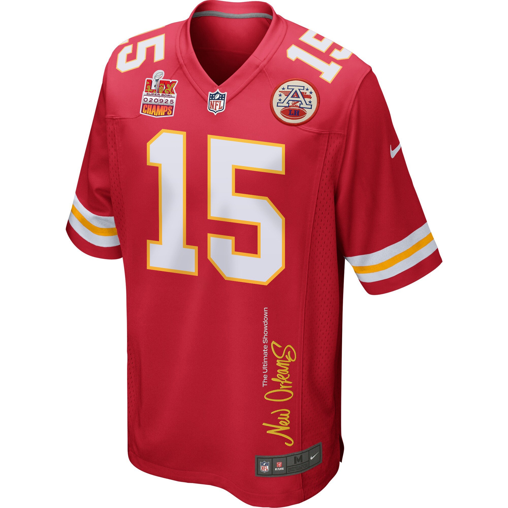 Patrick Mahomes 15 Kansas City Chiefs Super Bowl LIX Champions Patch 'New Orleans - The Ultimate Showdown' EMBROIDERED Game Men Jersey - Red JS6384 Saliibo - Image 3