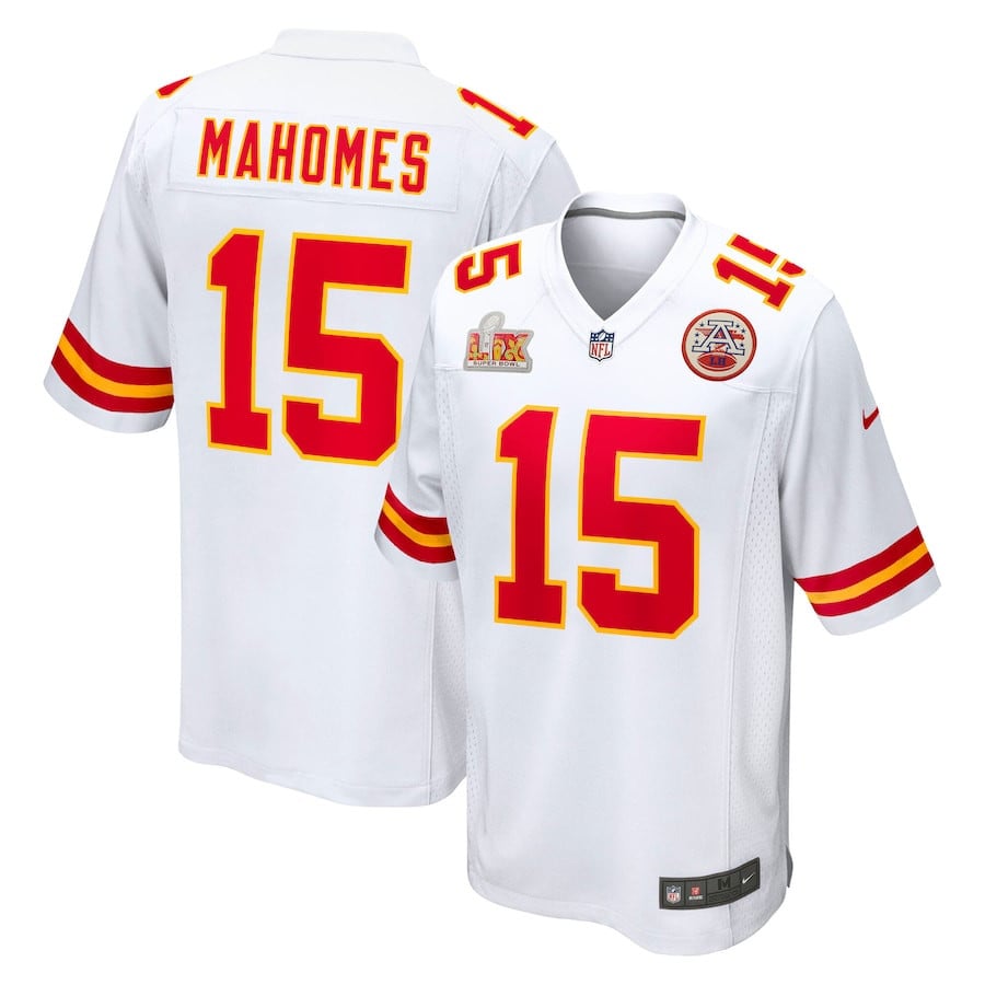 Patrick Mahomes 15 Kansas City Chiefs Super Bowl LIX Game Jersey - White JS3623 Saliibo