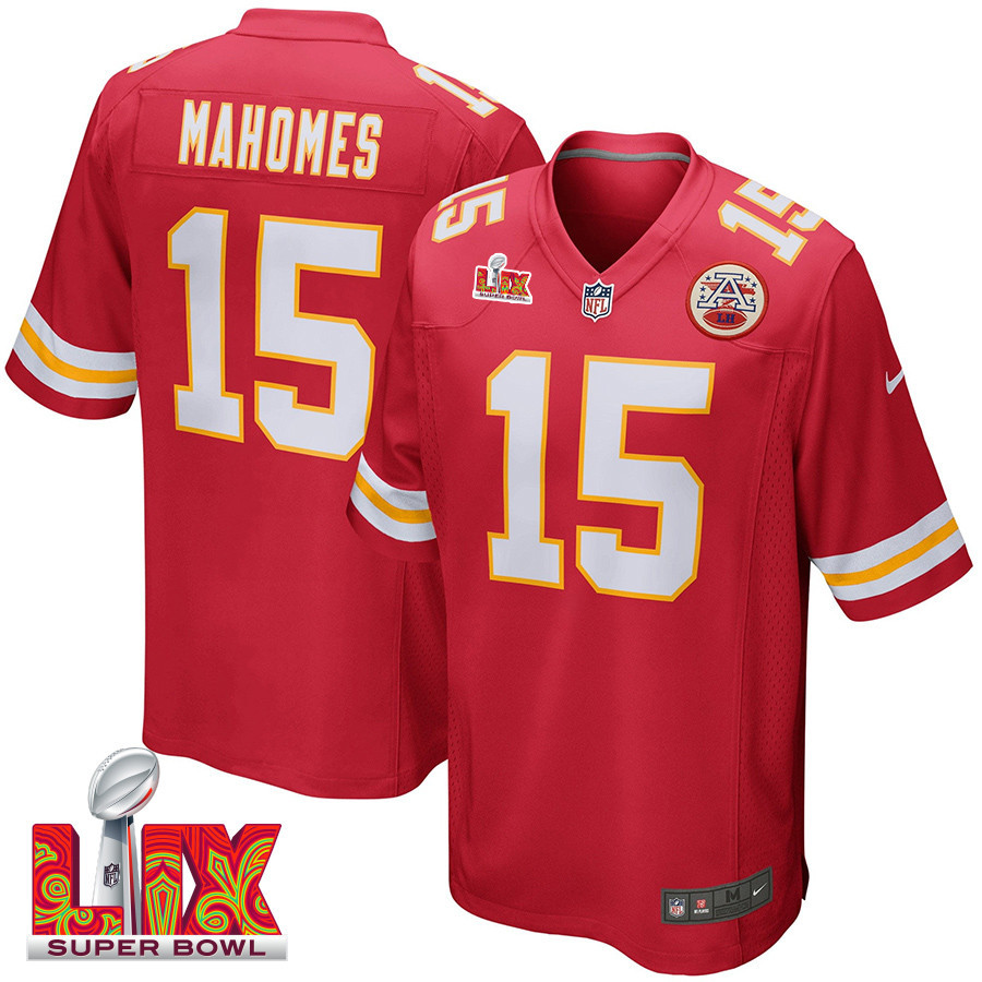Patrick Mahomes #15 Kansas City Chiefs Super Bowl LIX Jersey - Men's - Red JS1572 Saliibo