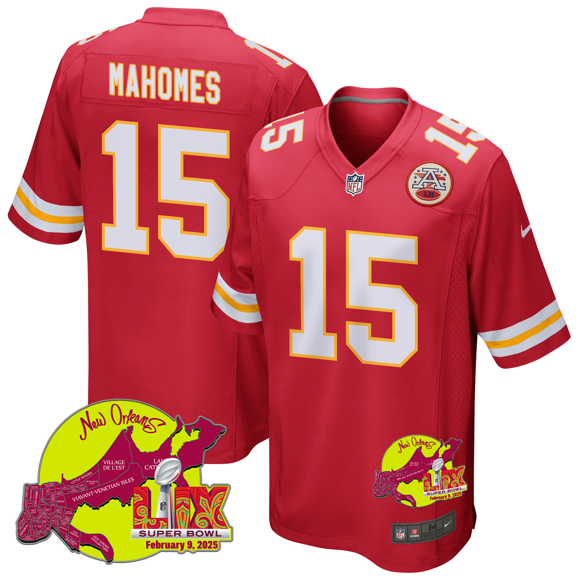 Patrick Mahomes 15 Kansas City Chiefs Super Bowl LIX New Orleans Patch Game Men Jersey - Red JS9727 Saliibo