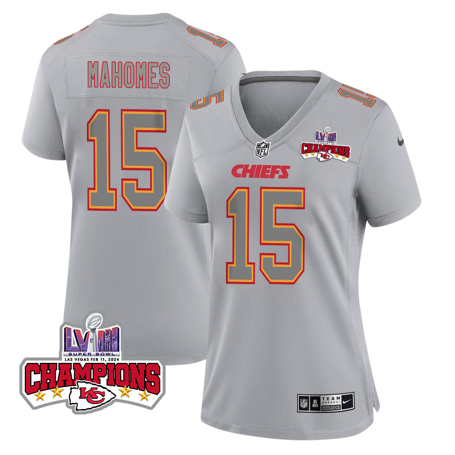 Patrick Mahomes 15 Kansas City Chiefs Super Bowl LVIII Champions 4 Stars Patch Atmosphere Fashion Game Women Jersey - Gray JS8505 Saliibo