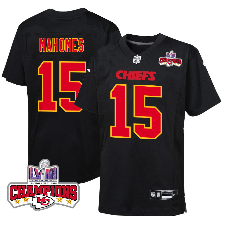 Patrick Mahomes 15 Kansas City Chiefs Super Bowl LVIII Champions 4 Stars Patch Fashion Game YOUTH Jersey - Carbon Black JS5132 Saliibo