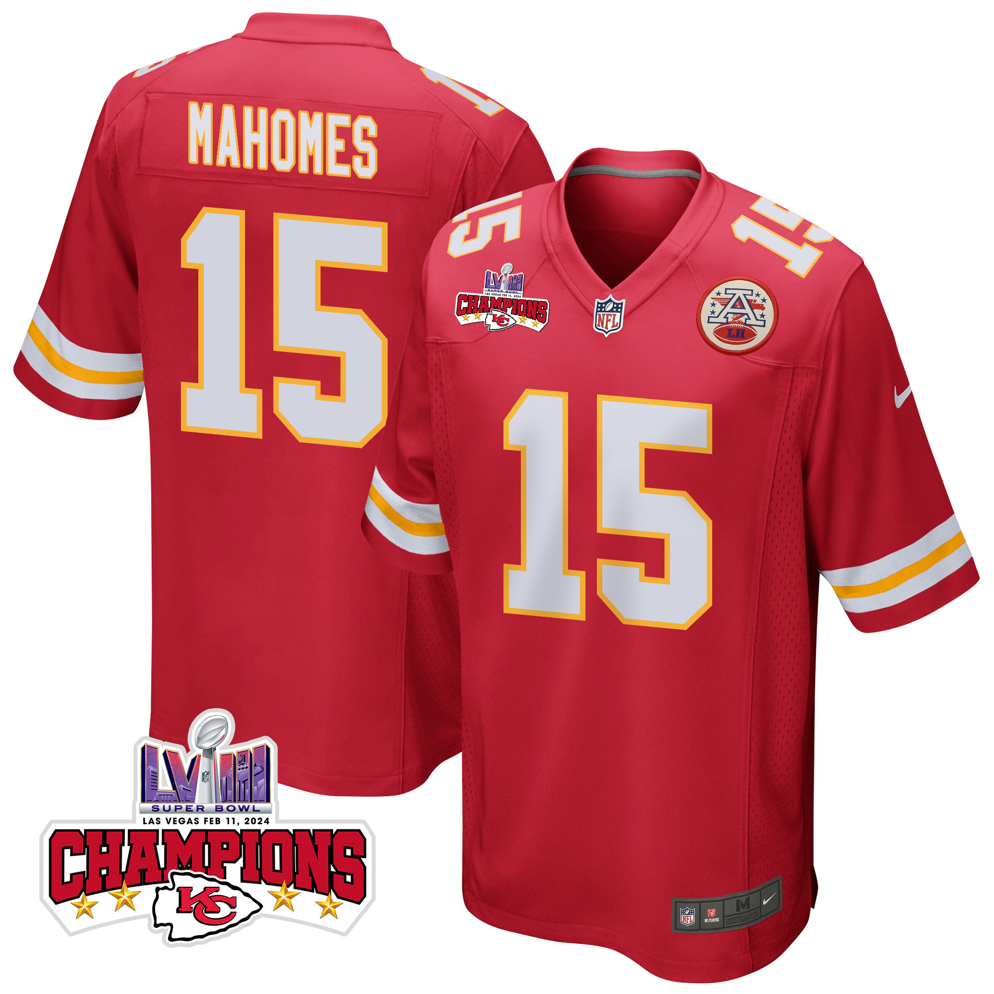 Patrick Mahomes 15 Kansas City Chiefs Super Bowl LVIII Champions 4 Stars Patch Game Men Jersey - Red JS9596 Saliibo