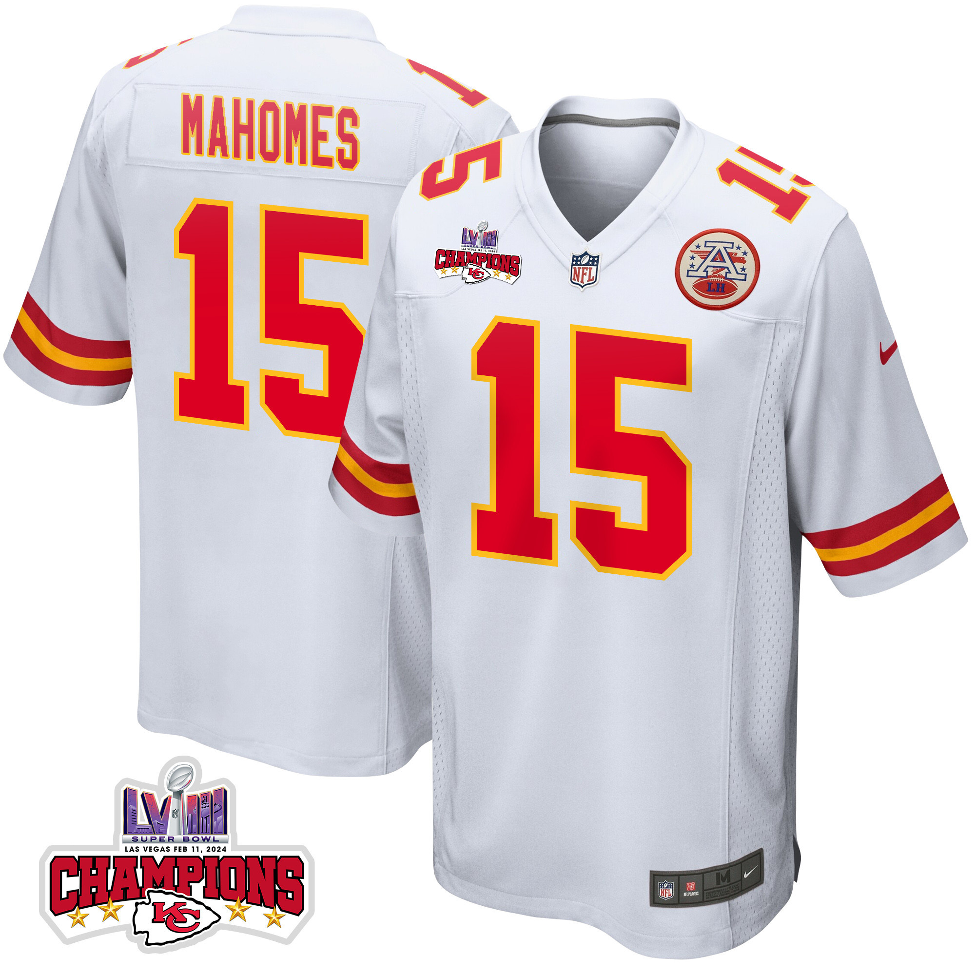 Patrick Mahomes 15 Kansas City Chiefs Super Bowl LVIII Champions 4 Stars Patch Game Men Jersey - White JS4070 Saliibo