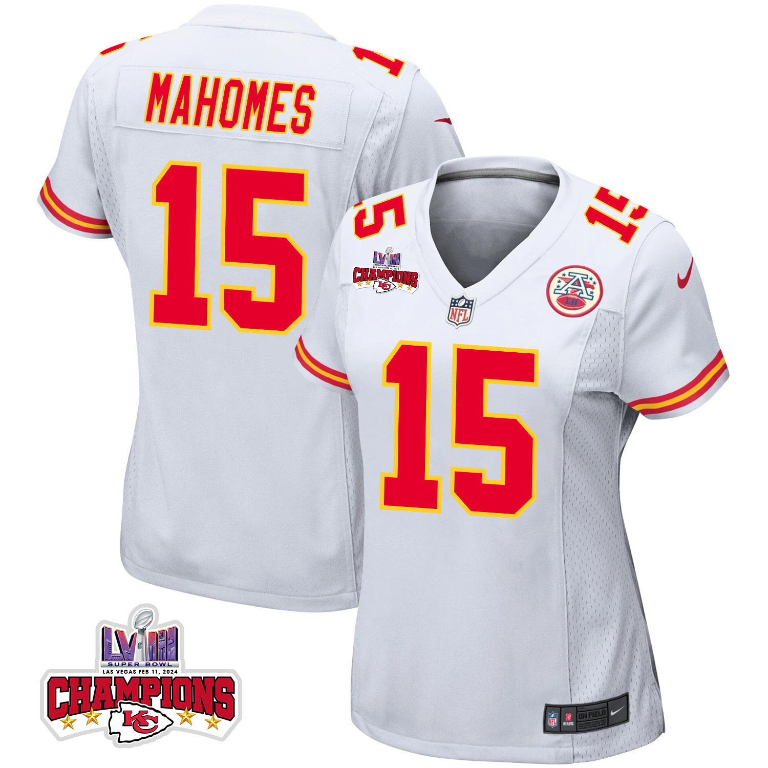 Patrick Mahomes 15 Kansas City Chiefs Super Bowl LVIII Champions 4 Stars Patch Game Women Jersey - White JS1993 Saliibo