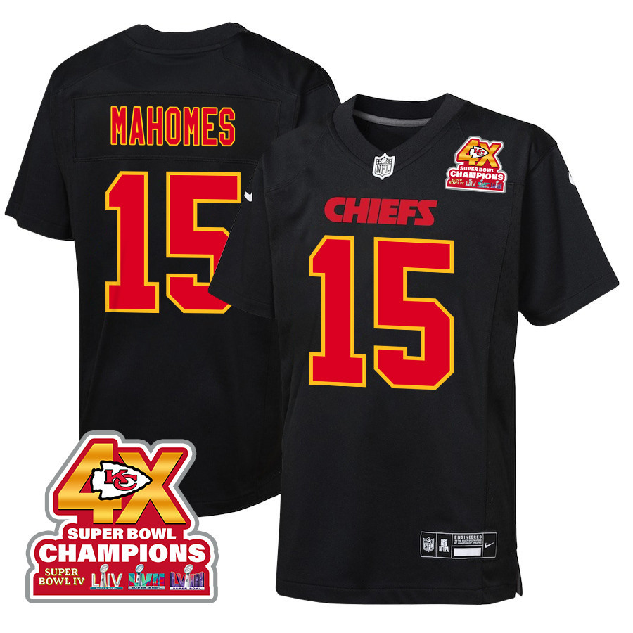 Patrick Mahomes 15 Kansas City Chiefs Super Bowl LVIII Champions 4X Fashion Game YOUTH Jersey - Carbon Black JS9713 Saliibo