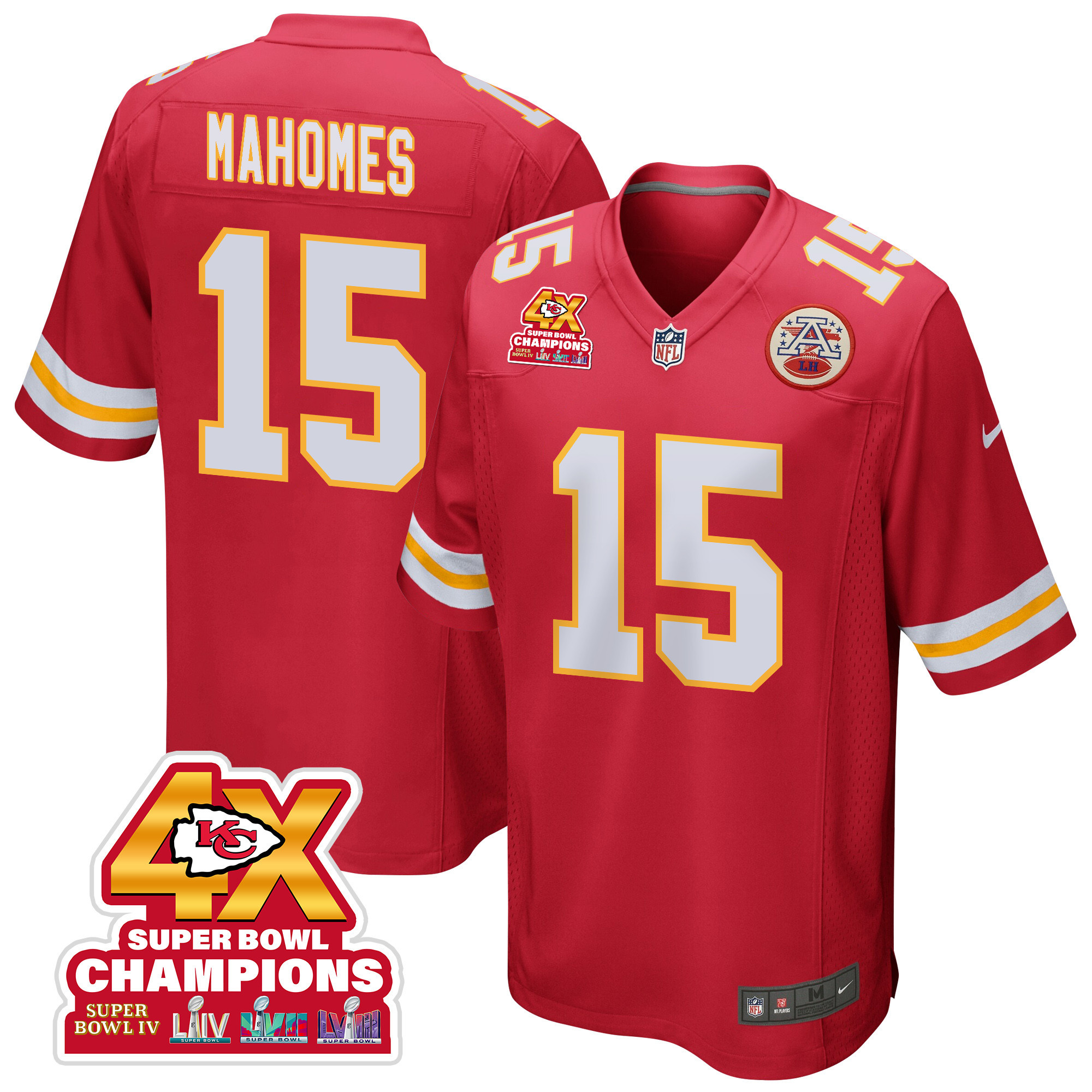 Patrick Mahomes 15 Kansas City Chiefs Super Bowl LVIII Champions 4X Game Men Jersey - Red JS9942 Saliibo