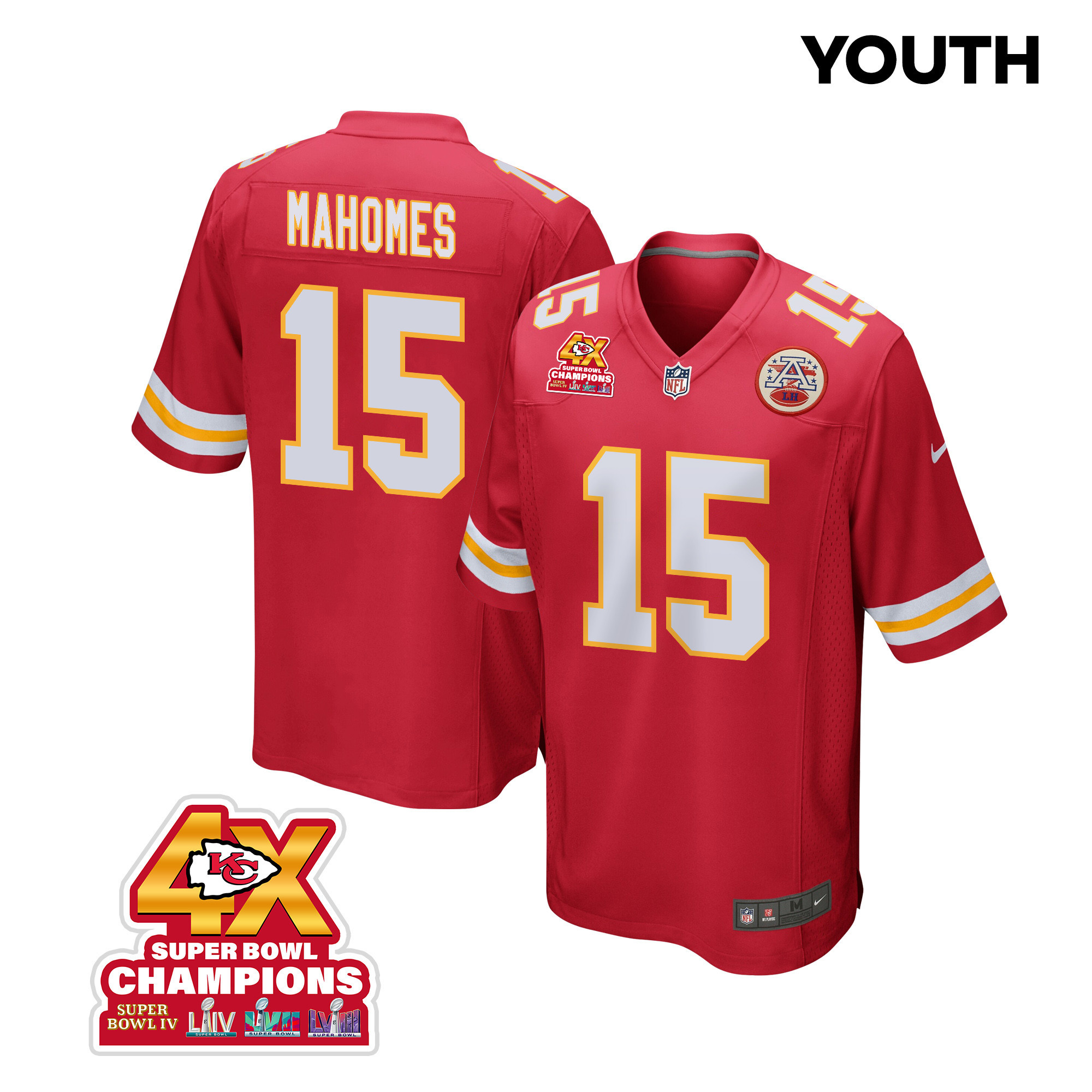 Patrick Mahomes 15 Kansas City Chiefs Super Bowl LVIII Champions 4X Game YOUTH Jersey - Red JS8534 Saliibo