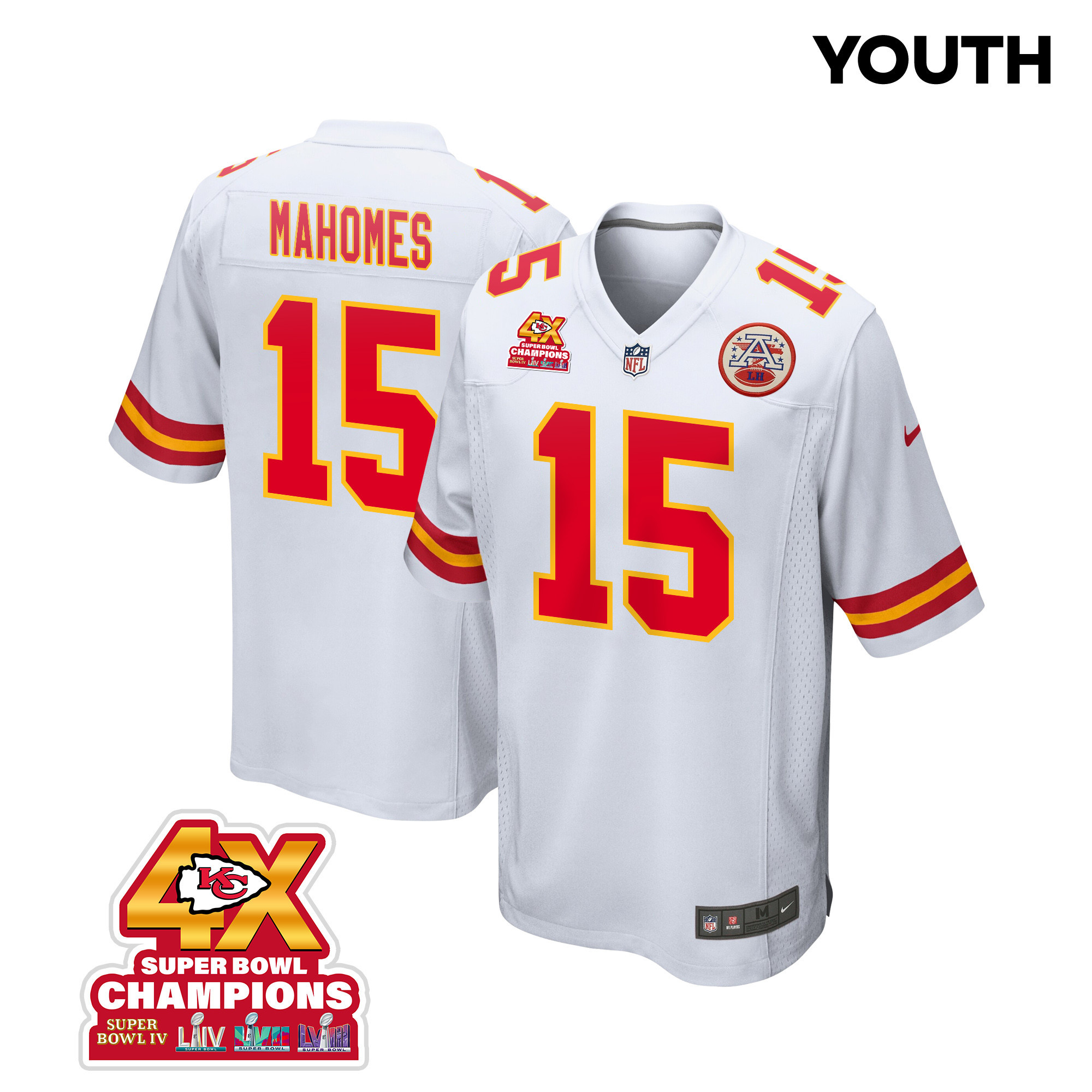 Patrick Mahomes 15 Kansas City Chiefs Super Bowl LVIII Champions 4X Game YOUTH Jersey - White JS6082 Saliibo
