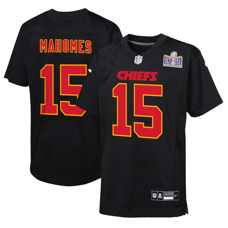 Patrick Mahomes 15 Kansas City Chiefs Super Bowl LVIII Patch Fashion Game YOUTH Jersey - Carbon Black JS9190 Saliibo