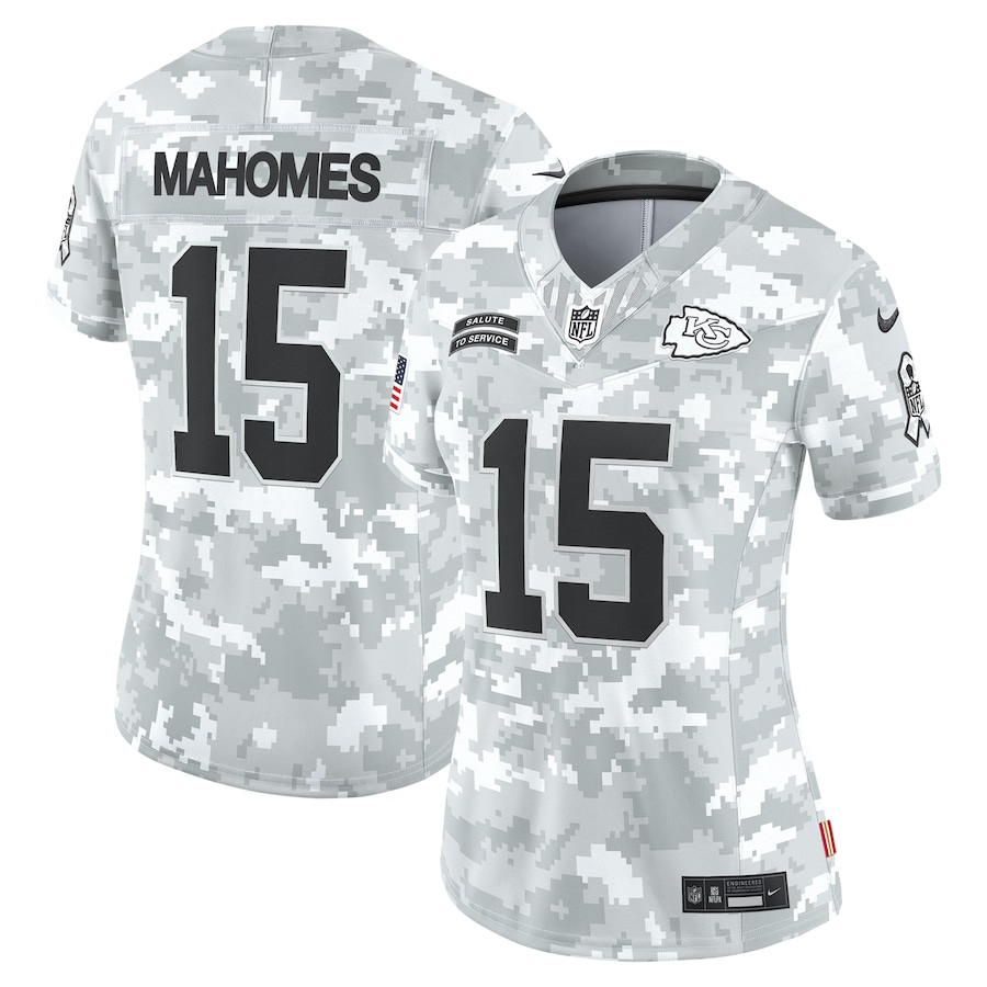 Patrick Mahomes 15 Kansas City Chiefs Women's 2024 Salute to Service Limited Jersey - Arctic Camo JS2052 Saliibo
