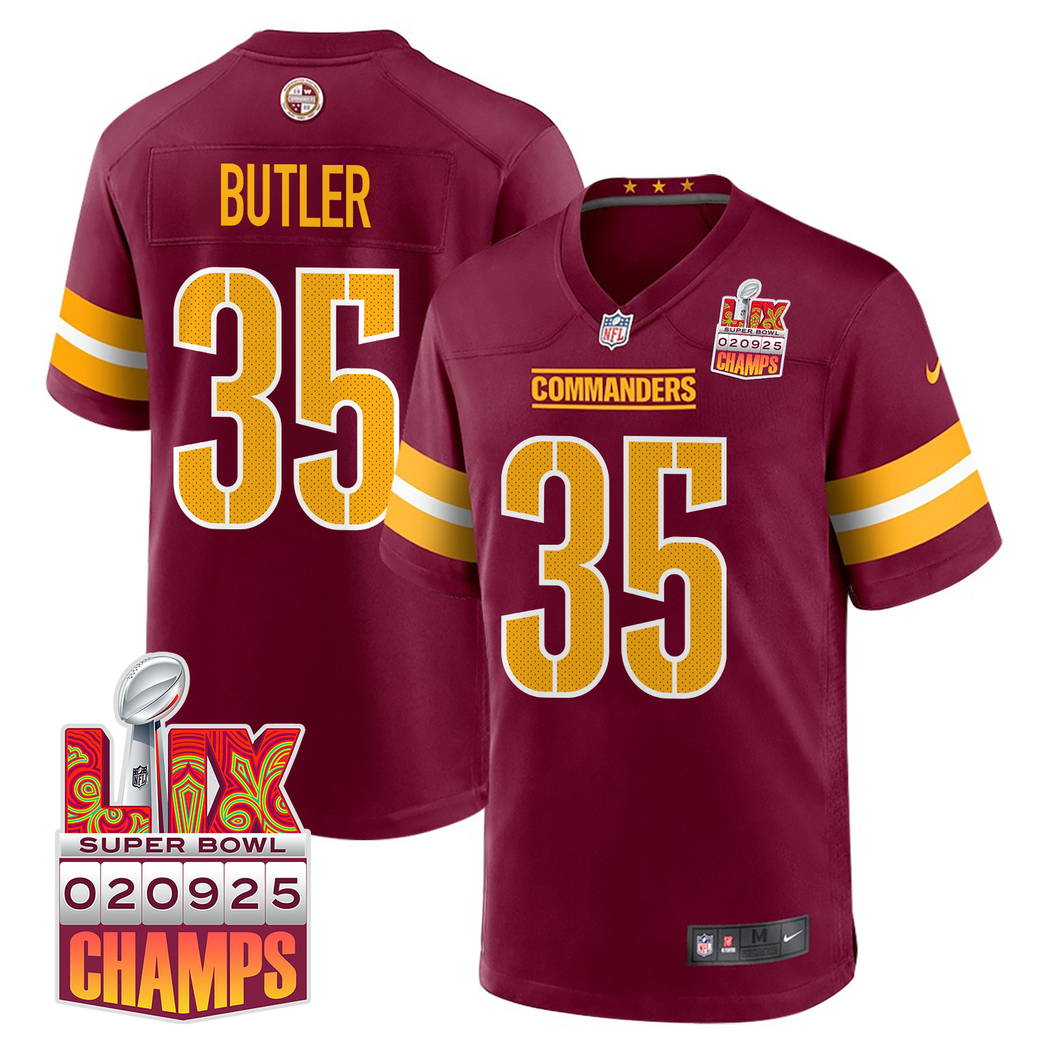 Percy Butler 35 Washington Commanders Super Bowl LIX Champions Patch Game Men Jersey - Burgundy JS2022 Saliibo