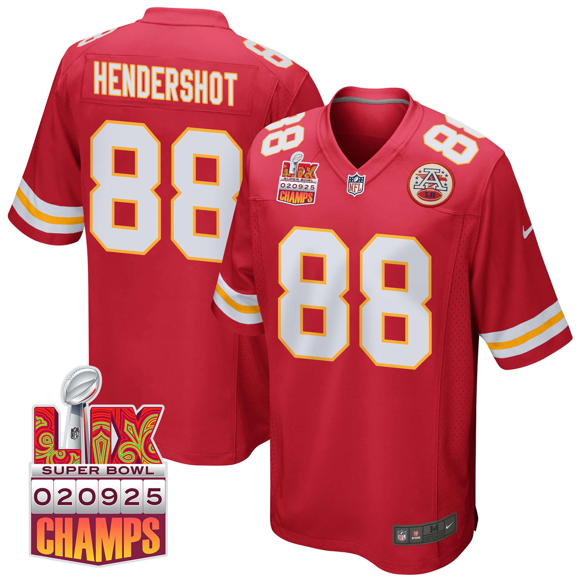 Peyton Hendershot 88 Kansas City Chiefs Super Bowl LIX Champions Patch Game Men Jersey - Red JS4802 Saliibo