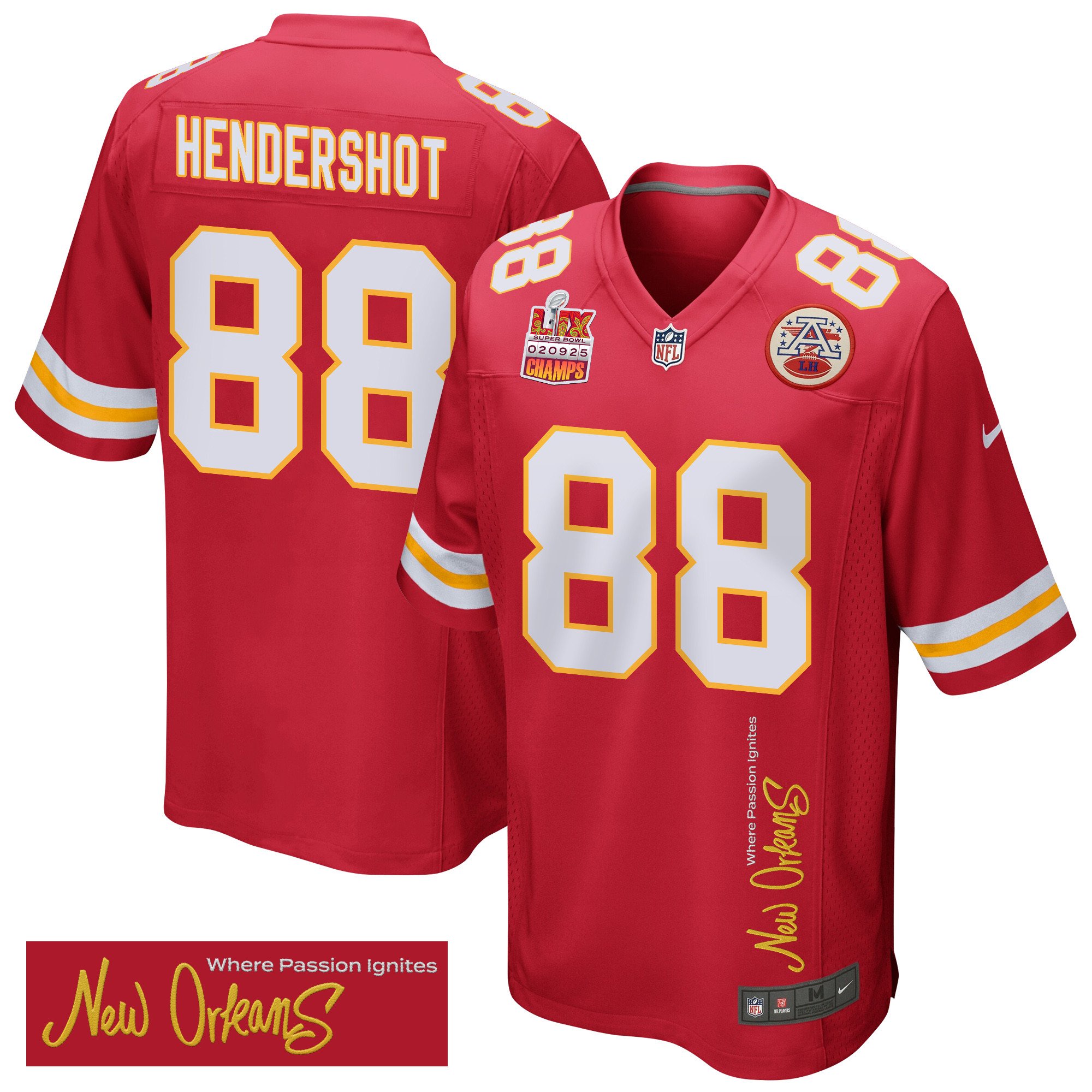 Peyton Hendershot 88 Kansas City Chiefs Super Bowl LIX Champions Patch 'New Orleans - Where Passion Ignites' EMBROIDERED Game Men Jersey - Red JS3688 Saliibo