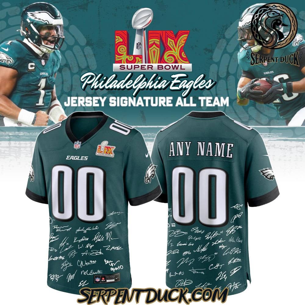 Philadelphia Eagles Champions Super Bowl LIX 2025 Signature All Team Custom Game Men Jersey - Midnight Green JS1373 Saliibo