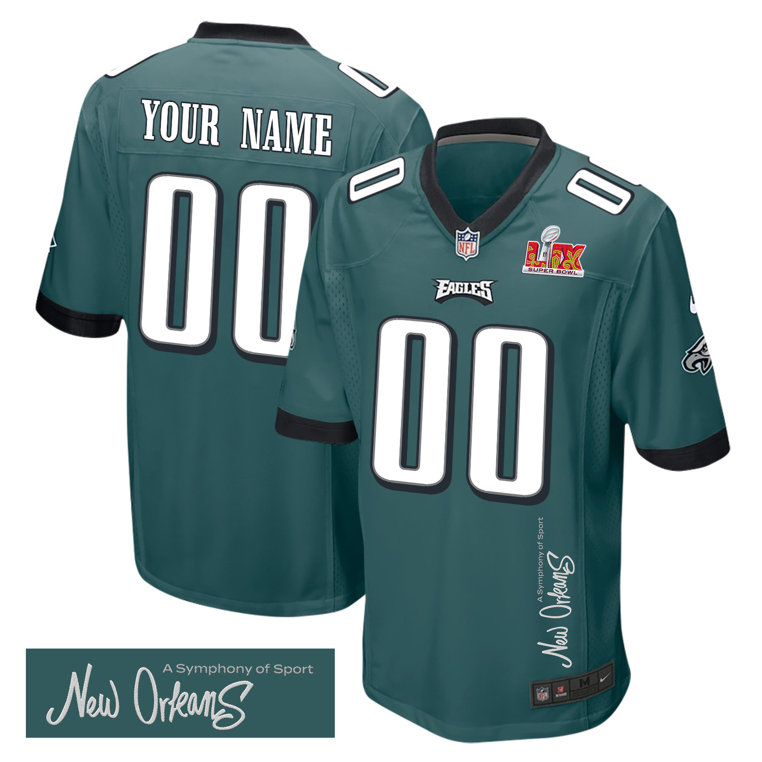 Philadelphia Eagles Super Bowl LIX 'New Orleans - A Symphony of Sport' EMBROIDERED Game Men Custom Jersey - Midnight Green JS1196 Saliibo