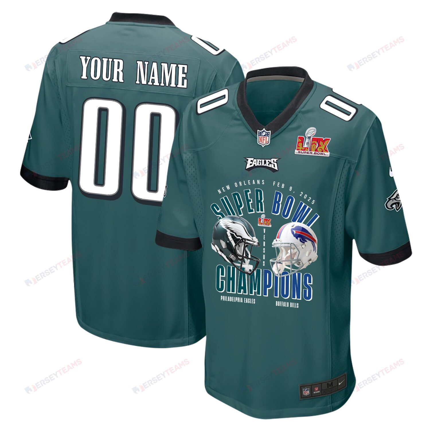 Philadelphia Eagles Vs. Buffalo Bills Super Bowl LIX Game Men Custom Jersey - Midnight Green JS5435 Saliibo
