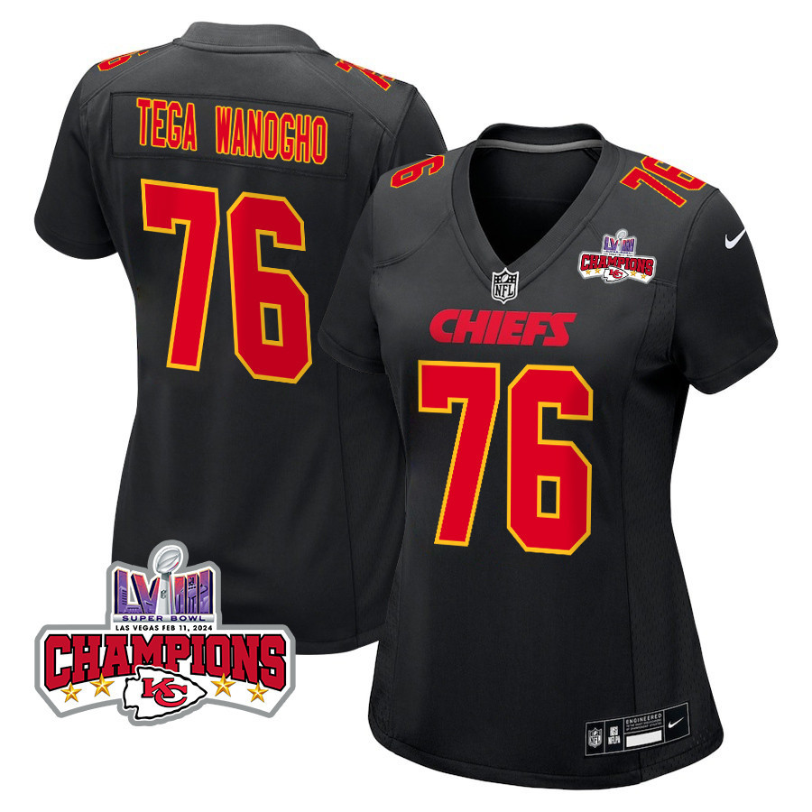 Prince Tega Wanogho 76 Kansas City Chiefs Super Bowl LVIII Champions 4 Stars Patch Fashion Game Women Jersey - Carbon Black JS8134 Saliibo