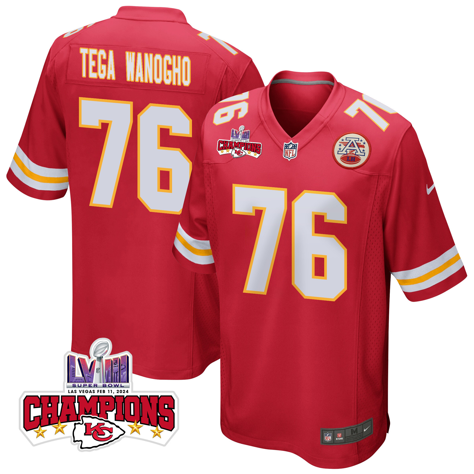 Prince Tega Wanogho 76 Kansas City Chiefs Super Bowl LVIII Champions 4 Stars Patch Game Men Jersey - Red JS7073 Saliibo