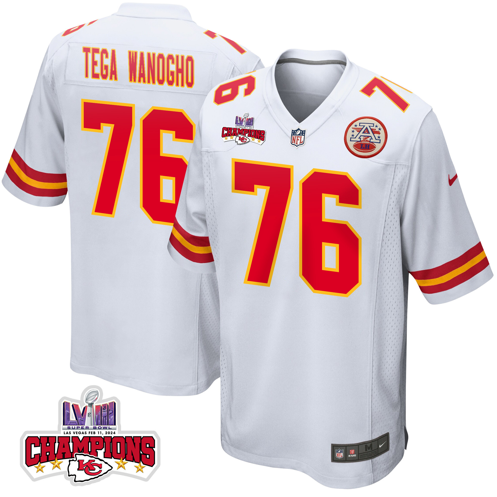 Prince Tega Wanogho 76 Kansas City Chiefs Super Bowl LVIII Champions 4 Stars Patch Game Men Jersey - White JS1602 Saliibo