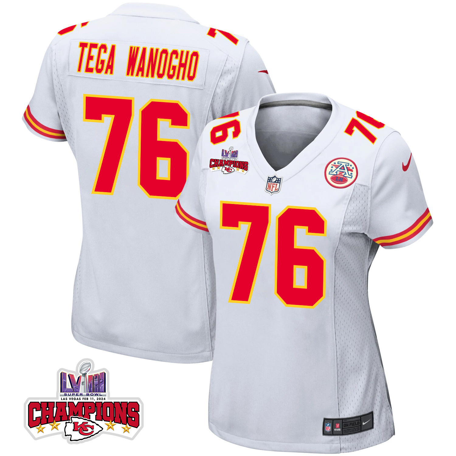 Prince Tega Wanogho 76 Kansas City Chiefs Super Bowl LVIII Champions 4 Stars Patch Game Women Jersey - White JS2444 Saliibo
