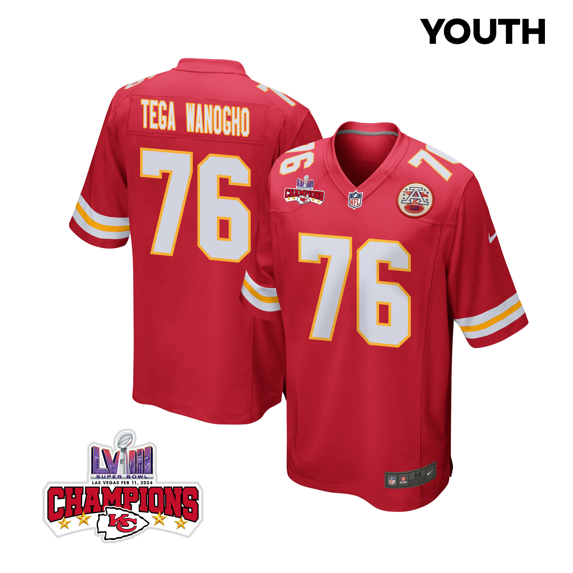 Prince Tega Wanogho 76 Kansas City Chiefs Super Bowl LVIII Champions 4 Stars Patch Game YOUTH Jersey - Red JS5964 Saliibo