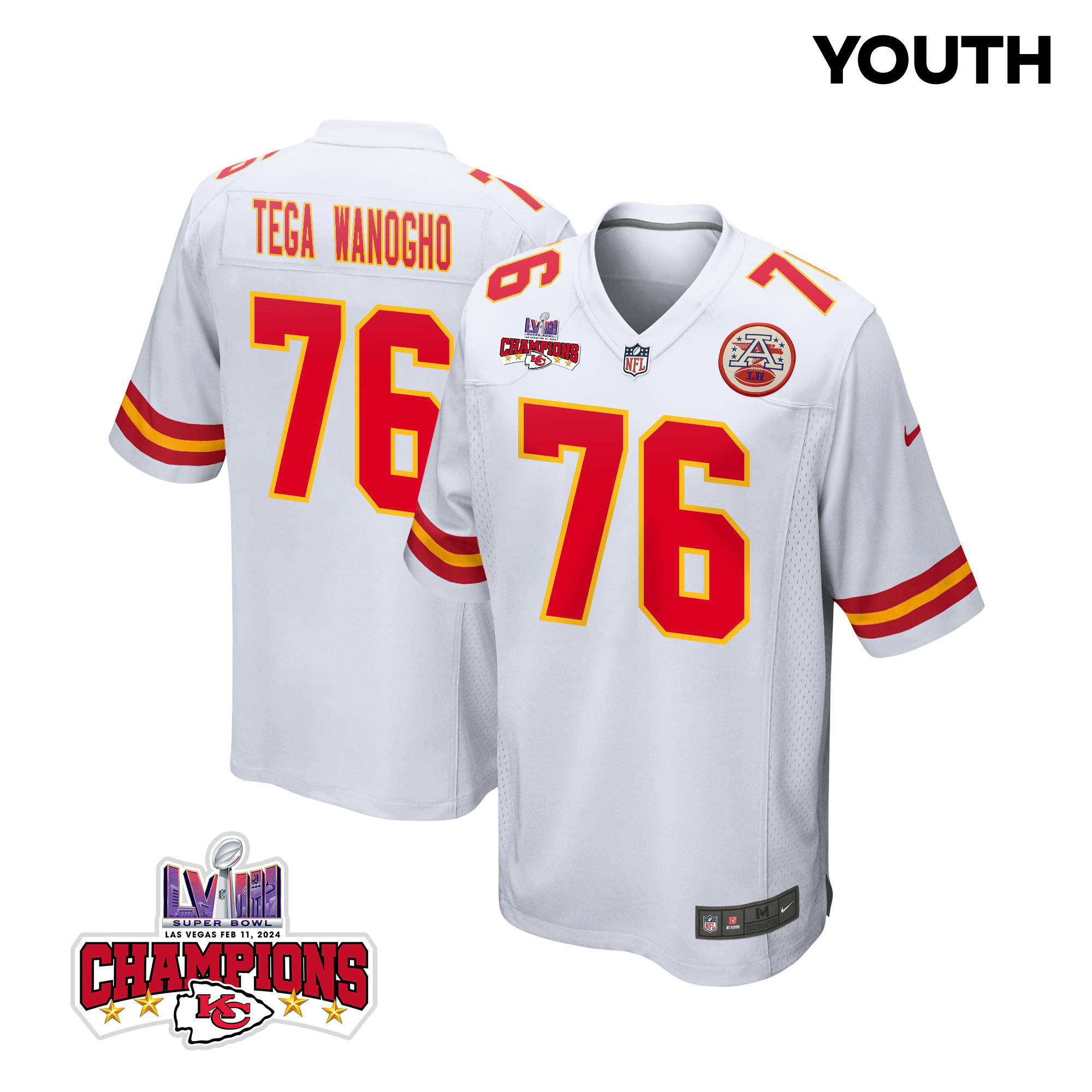 Prince Tega Wanogho 76 Kansas City Chiefs Super Bowl LVIII Champions 4 Stars Patch Game YOUTH Jersey - White JS7576 Saliibo