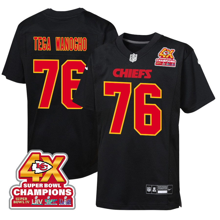 Prince Tega Wanogho 76 Kansas City Chiefs Super Bowl LVIII Champions 4X Fashion Game YOUTH Jersey - Carbon Black JS4867 Saliibo