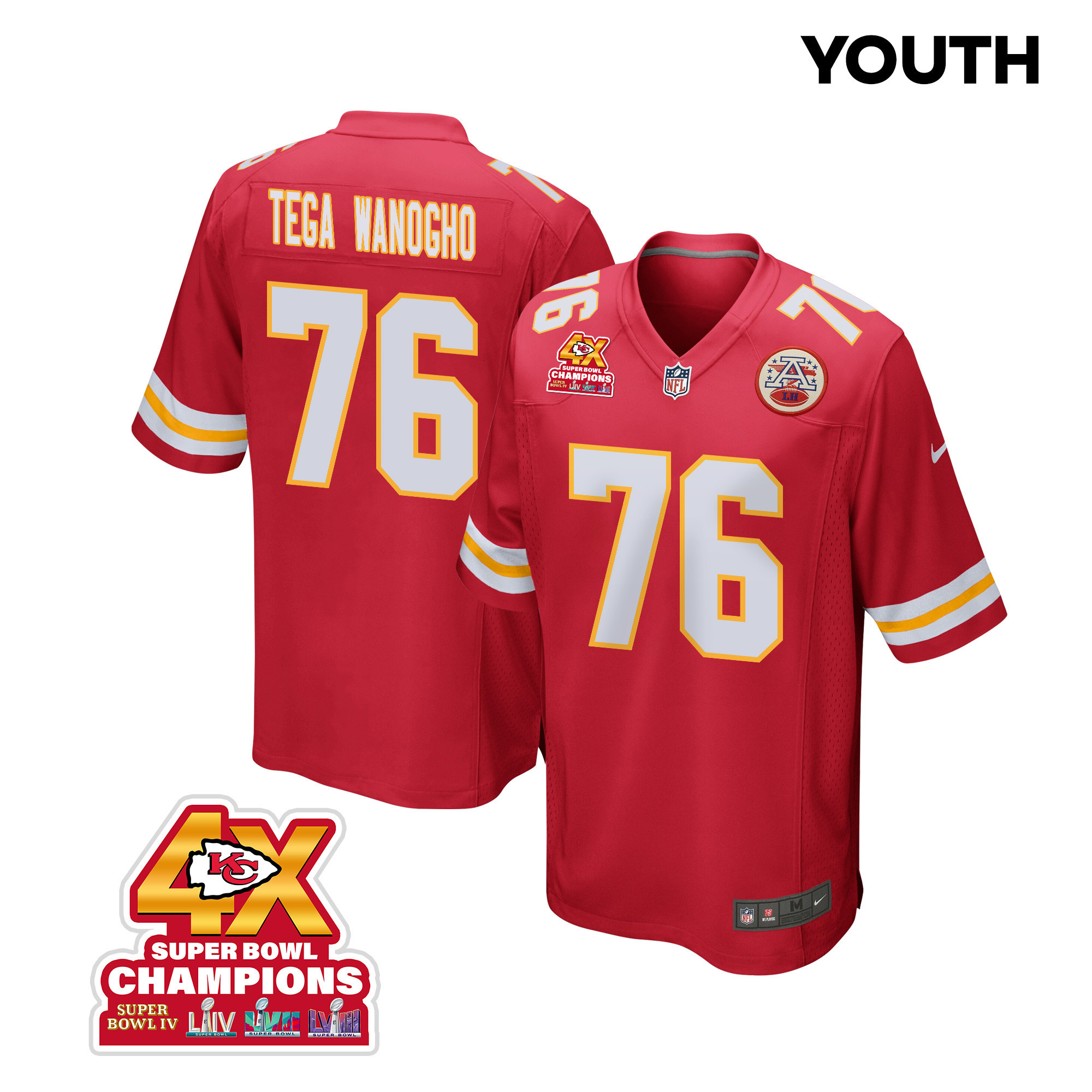 Prince Tega Wanogho 76 Kansas City Chiefs Super Bowl LVIII Champions 4X Game YOUTH Jersey - Red JS6485 Saliibo