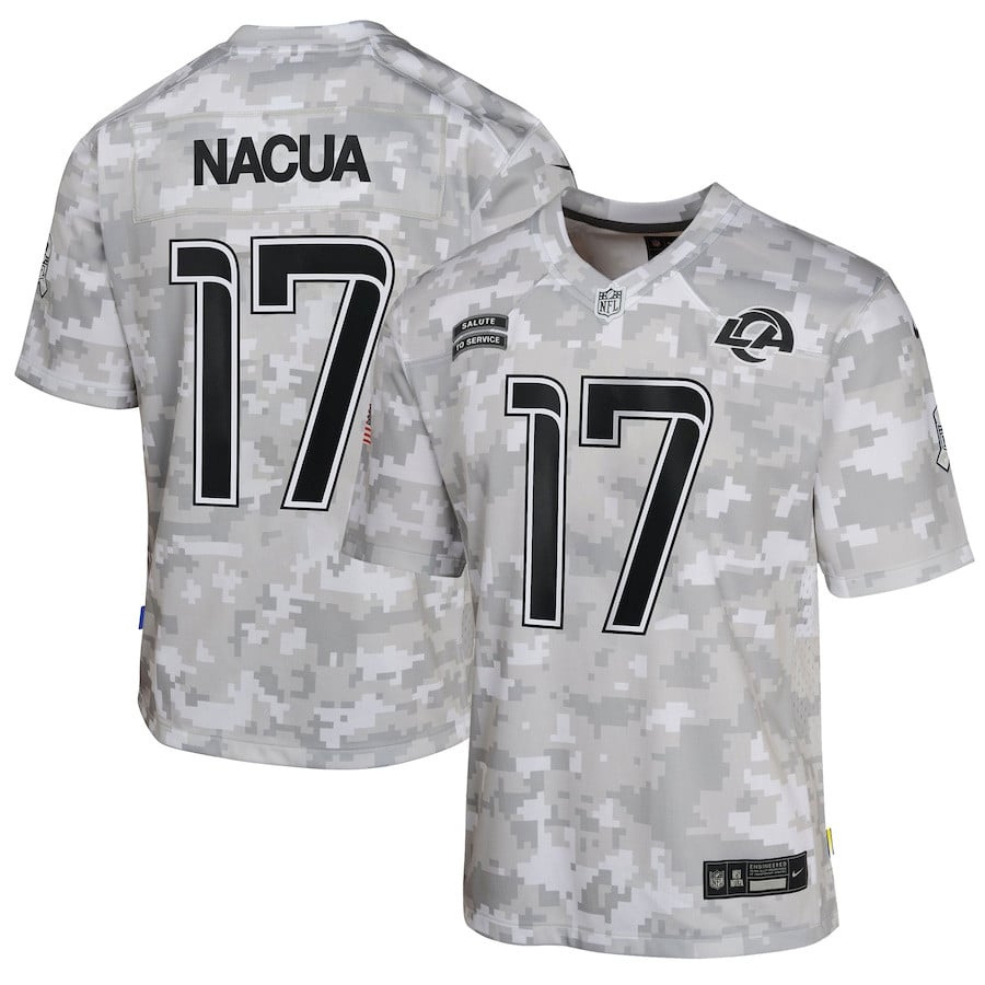 Puka Nacua 17 Los Angeles Rams 2024 Salute to Service Game YOUTH Jersey - Arctic Camo JS1424 Saliibo