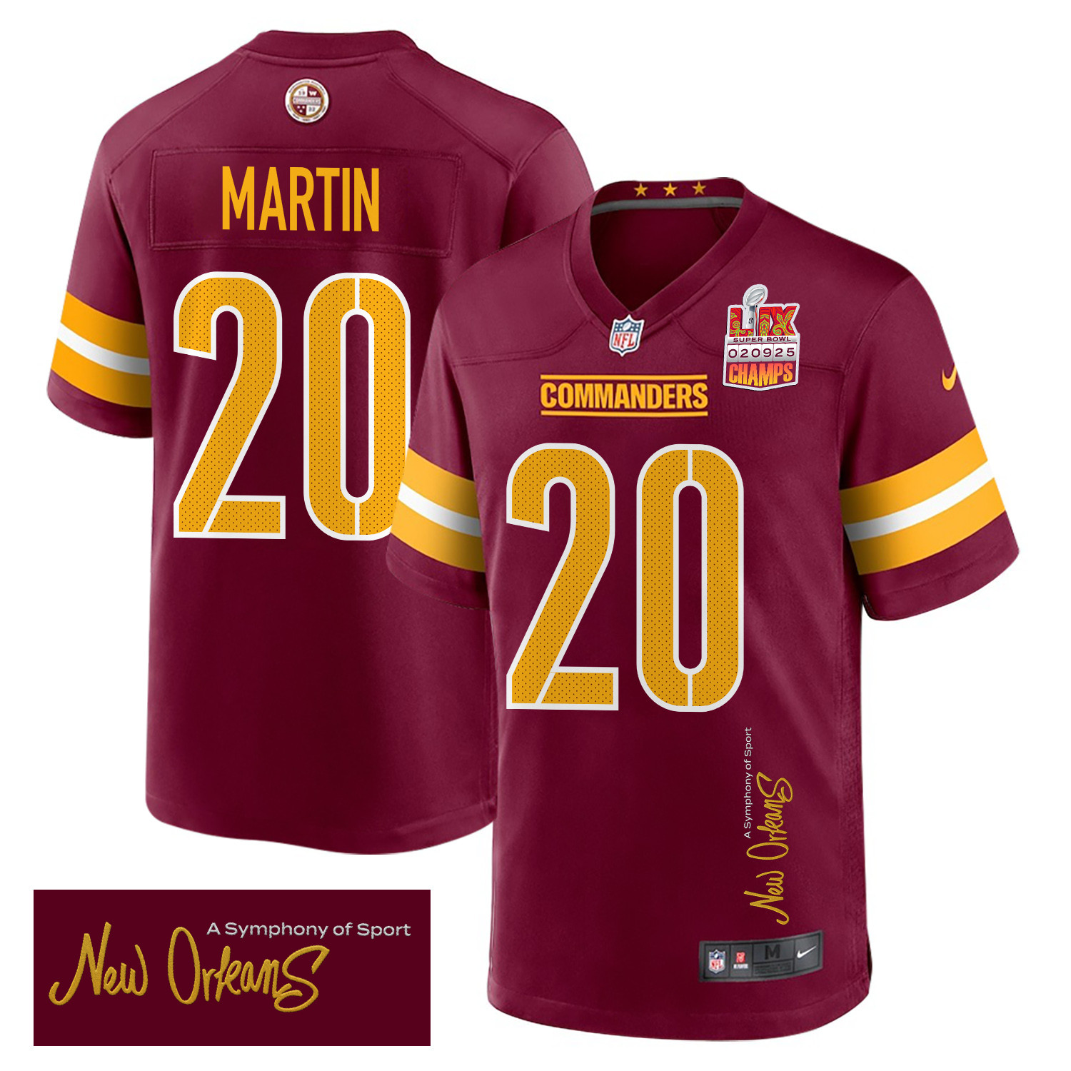 Quan Martin 20 Washington Commanders Super Bowl LIX Champions Patch 'New Orleans - A Symphony of Sport' EMBROIDERED Game Men Jersey - Burgundy JS6750 Saliibo