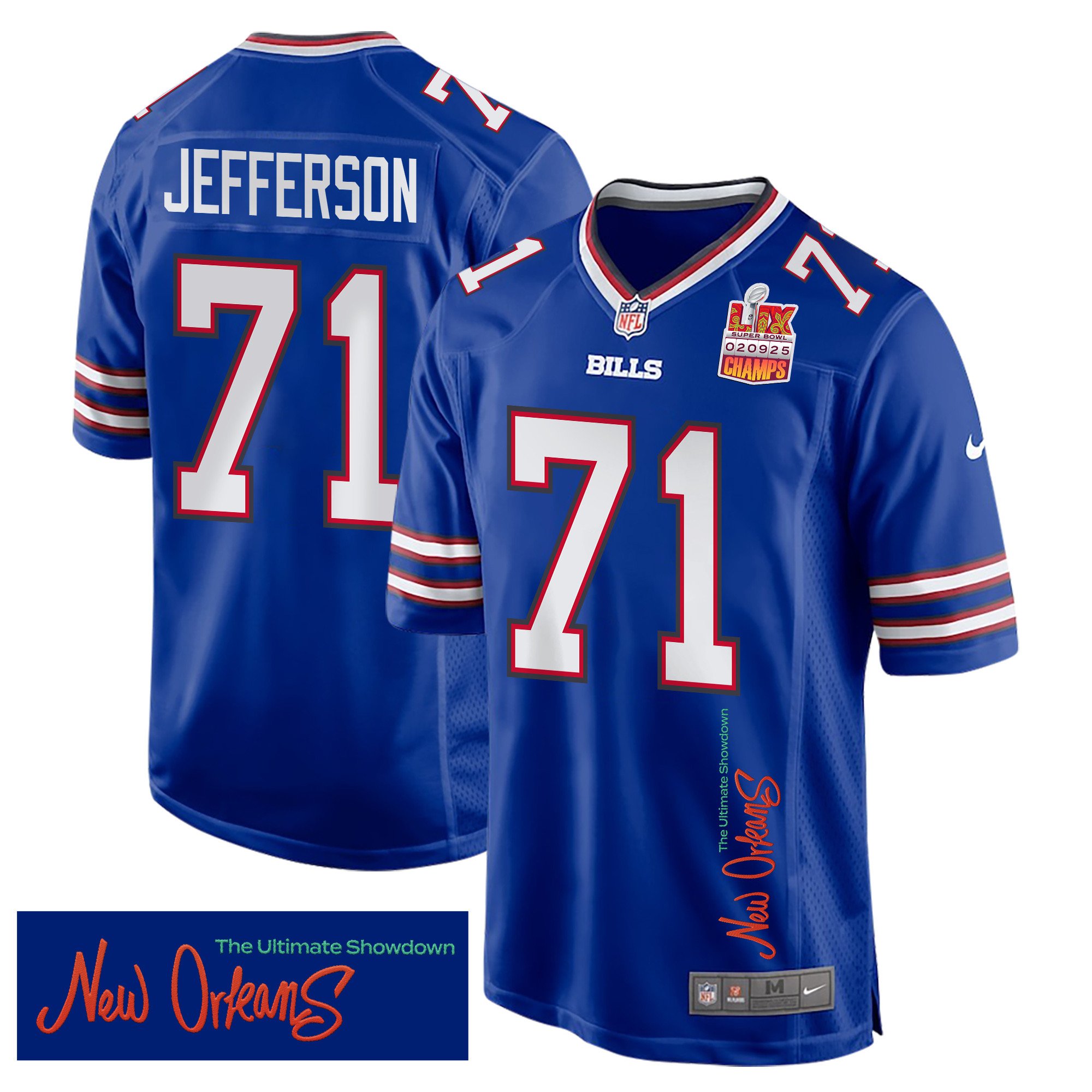Quinton Jefferson 71 Buffalo Bills Super Bowl LIX Champions Patch 'New Orleans - The Ultimate Showdown' EMBROIDERED Game Men Jersey - Royal JS2474 Saliibo