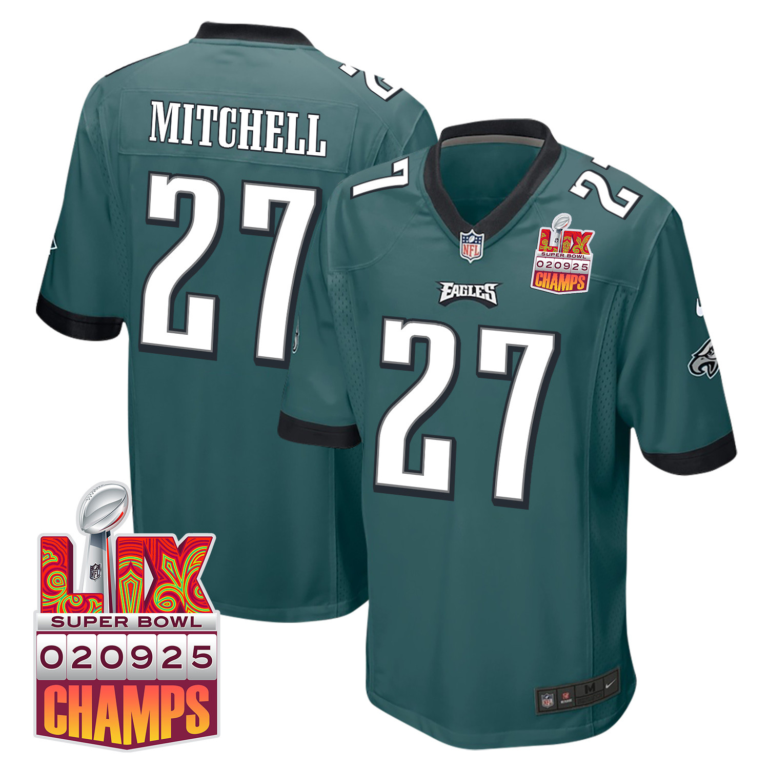 Quinyon Mitchell 27 Philadelphia Eagles Super Bowl LIX Champions Patch Game Men Jersey - Midnight Green JS3281 Saliibo
