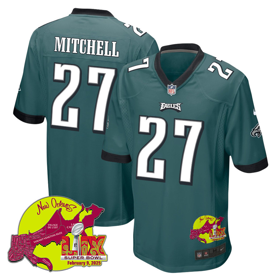 Quinyon Mitchell 27 Philadelphia Eagles Super Bowl LIX New Orleans Patch Game Men Jersey - Midnight Green JS6510 Saliibo