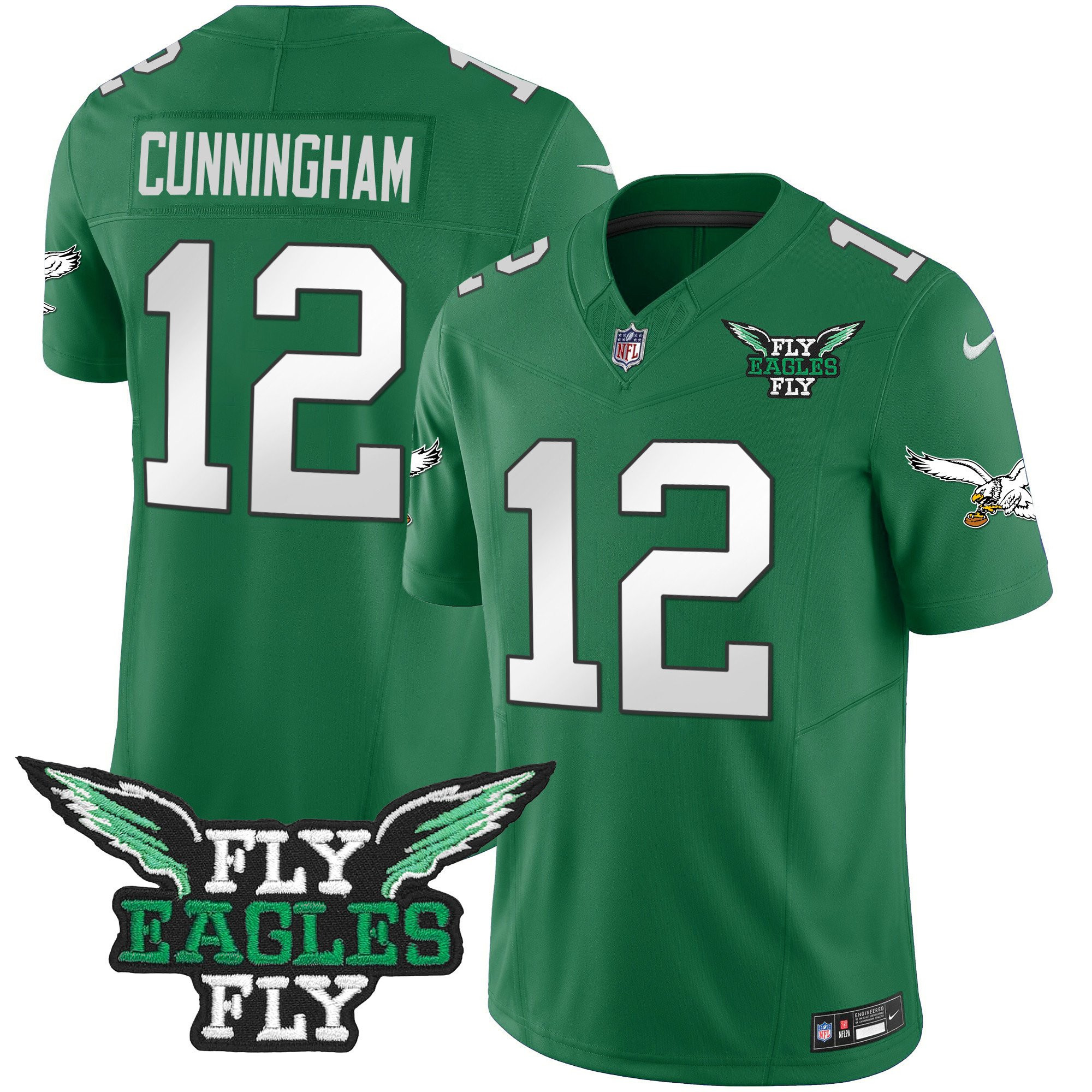 Randall Cunningham 12 Philadelphia Eagles Fly Eagles Fly Patch Alternate Game Men Jersey - Kelly Green JS2928 Saliibo