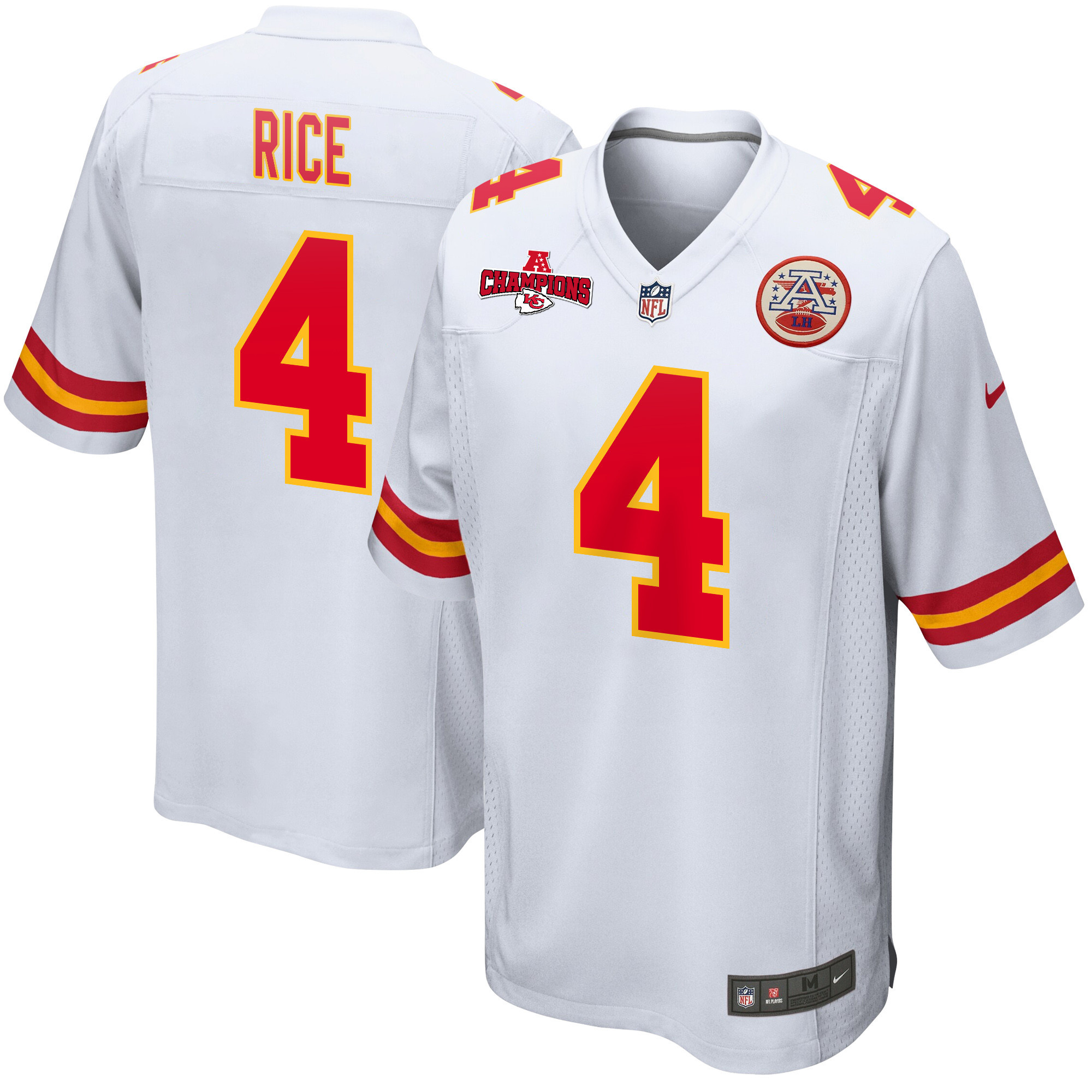 Rashee Rice 4 Kansas City Chiefs AFC Champions Patch Game Men Jersey - White JS4658 Saliibo