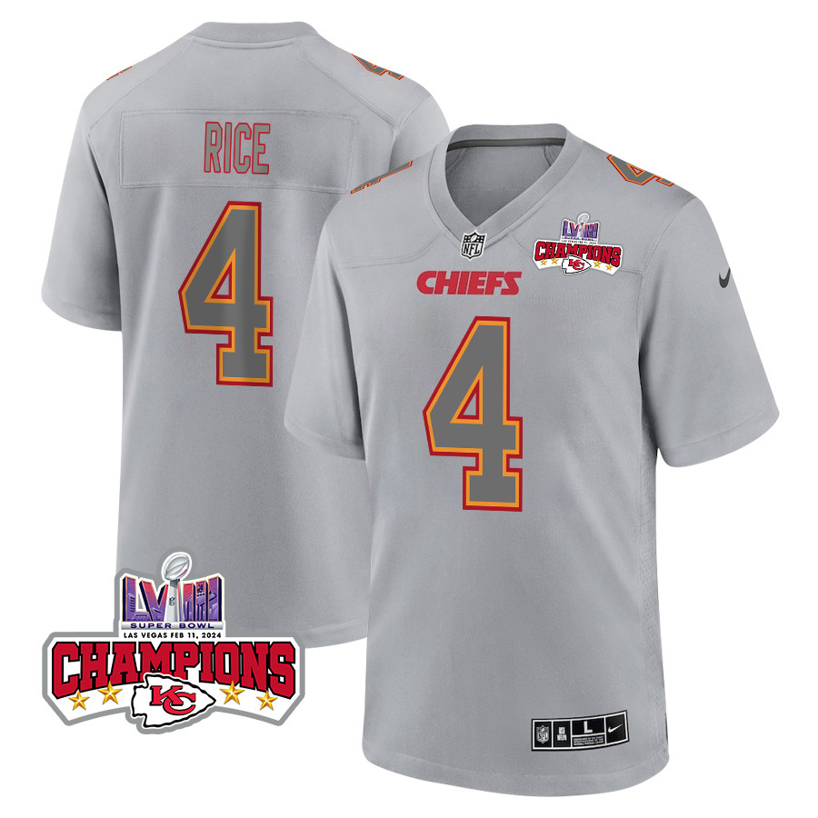 Rashee Rice 4 Kansas City Chiefs Super Bowl LVIII Champions 4 Stars Patch Atmosphere Fashion Game Men Jersey - Gray JS6933 Saliibo
