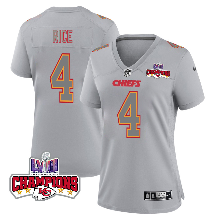 Rashee Rice 4 Kansas City Chiefs Super Bowl LVIII Champions 4 Stars Patch Atmosphere Fashion Game Women Jersey - Gray JS3468 Saliibo