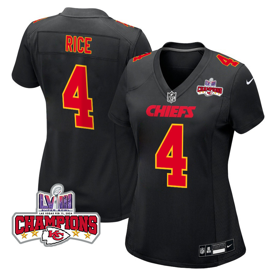 Rashee Rice 4 Kansas City Chiefs Super Bowl LVIII Champions 4 Stars Patch Fashion Game Women Jersey - Carbon Black JS5976 Saliibo