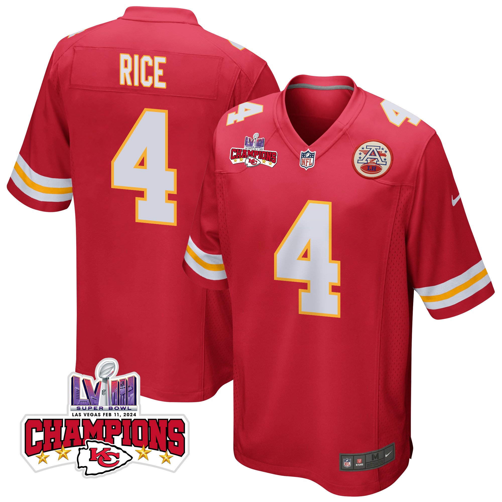 Rashee Rice 4 Kansas City Chiefs Super Bowl LVIII Champions 4 Stars Patch Game Men Jersey - Red JS2722 Saliibo