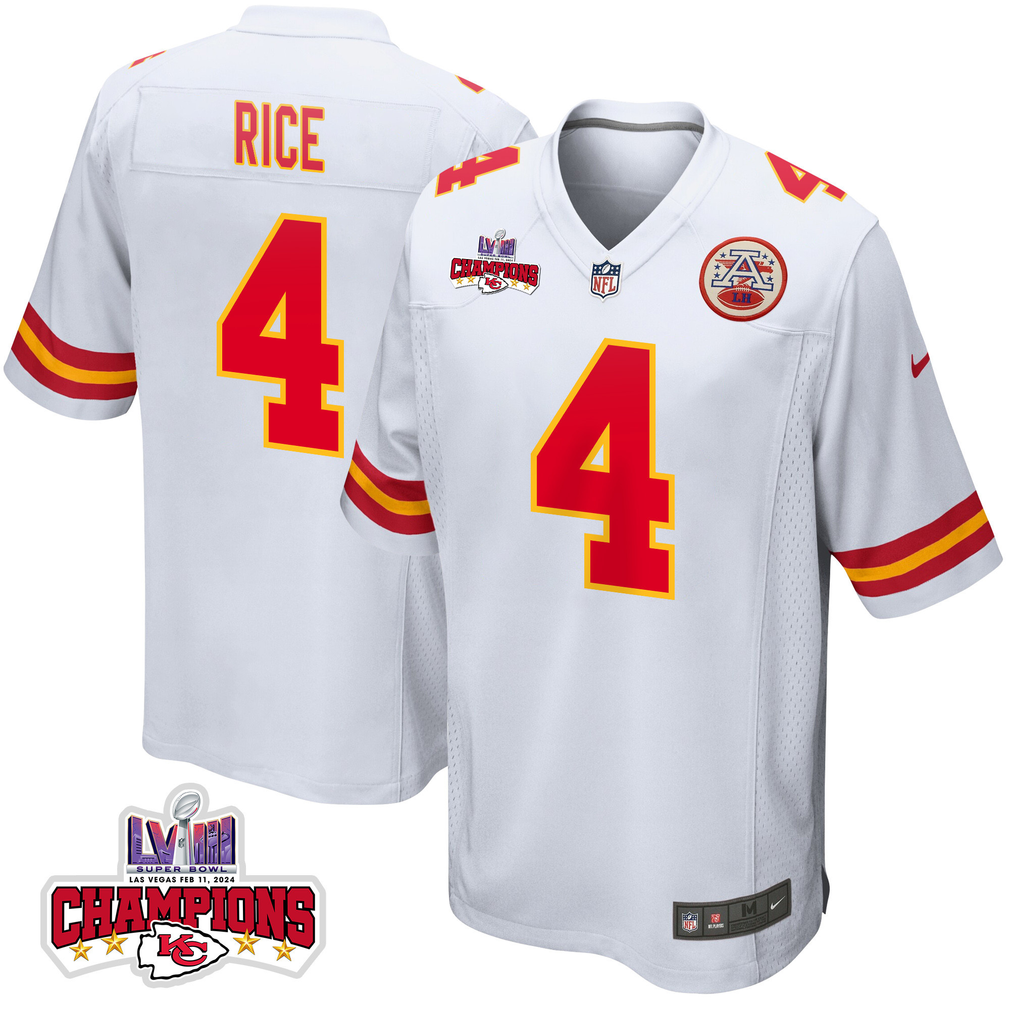Rashee Rice 4 Kansas City Chiefs Super Bowl LVIII Champions 4 Stars Patch Game Men Jersey - White JS4347 Saliibo