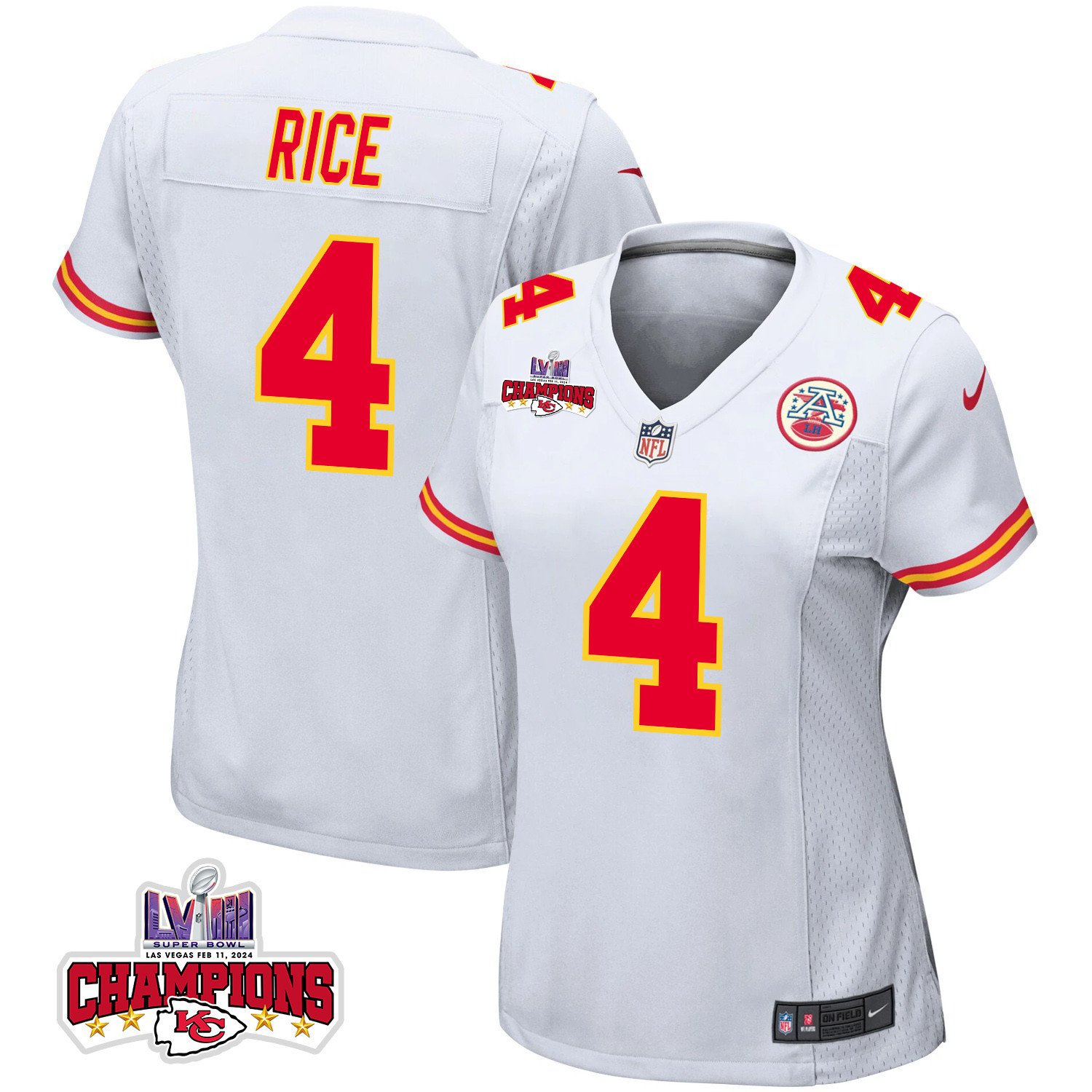 Rashee Rice 4 Kansas City Chiefs Super Bowl LVIII Champions 4 Stars Patch Game Women Jersey - White JS8640 Saliibo